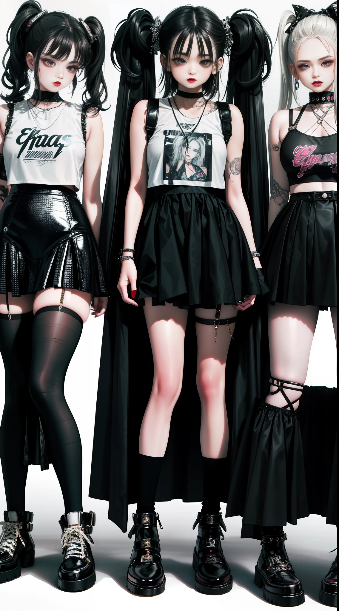 a close up of three women in different outfits on a white background, grunge style, grunge aesthetic!!!, grunge aesthetic!!! (, sensual gloomy style, grunge aesthetic, grunge fashion, teenage grunge punk rock, y2k style, y 2 k style, punk style, thisset style, goth style, vintage aesthetic, 90s style, vintage look