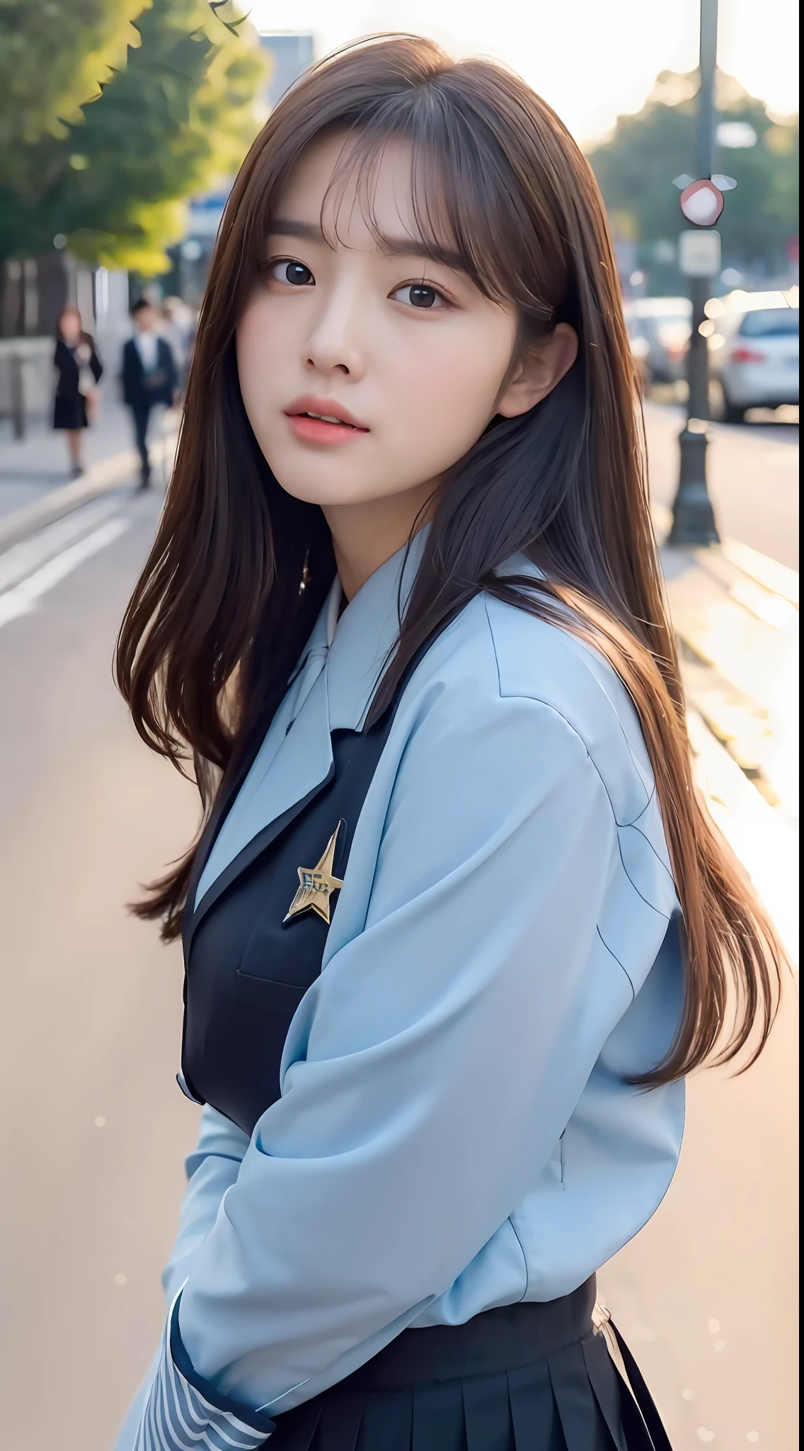 (1 cute Korean star), ((best quality, 8k, masterpiece: 1.3)), focus: 1.2, perfect body beauty: 1.4 , ((air bangs: 1.2)), (night, Street: 1.3), highly detailed face and skin texture, fine eyes, double eyelids, whitened skin, (long hair: 1.3), (round face: 1.5), (uniform: 1.6)