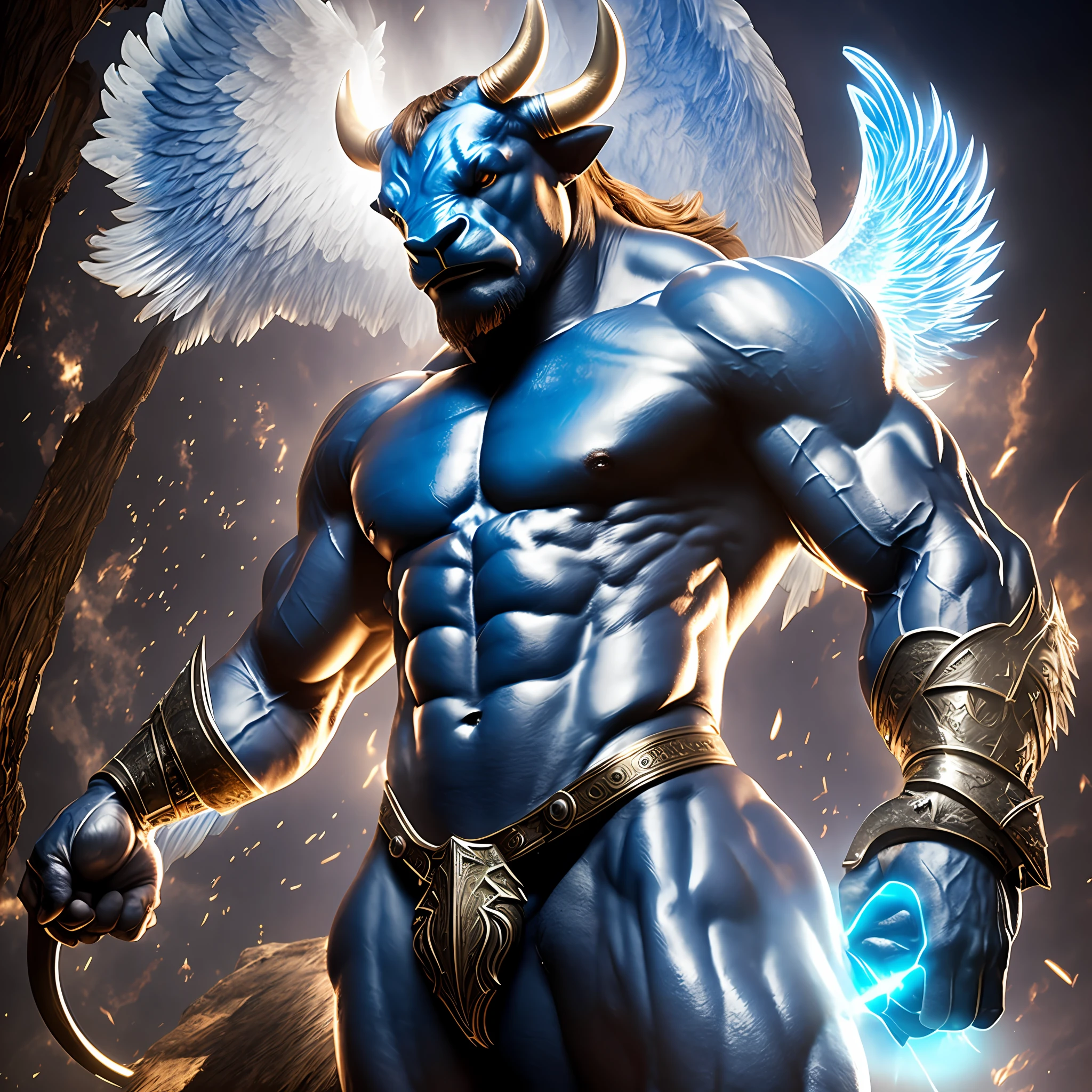 A minotaur, bull's head, blue, with angel wings, muscular, with luminous rays around the body in a realistic 12k ultra hd TV commercial advertising scenario --auto --s2