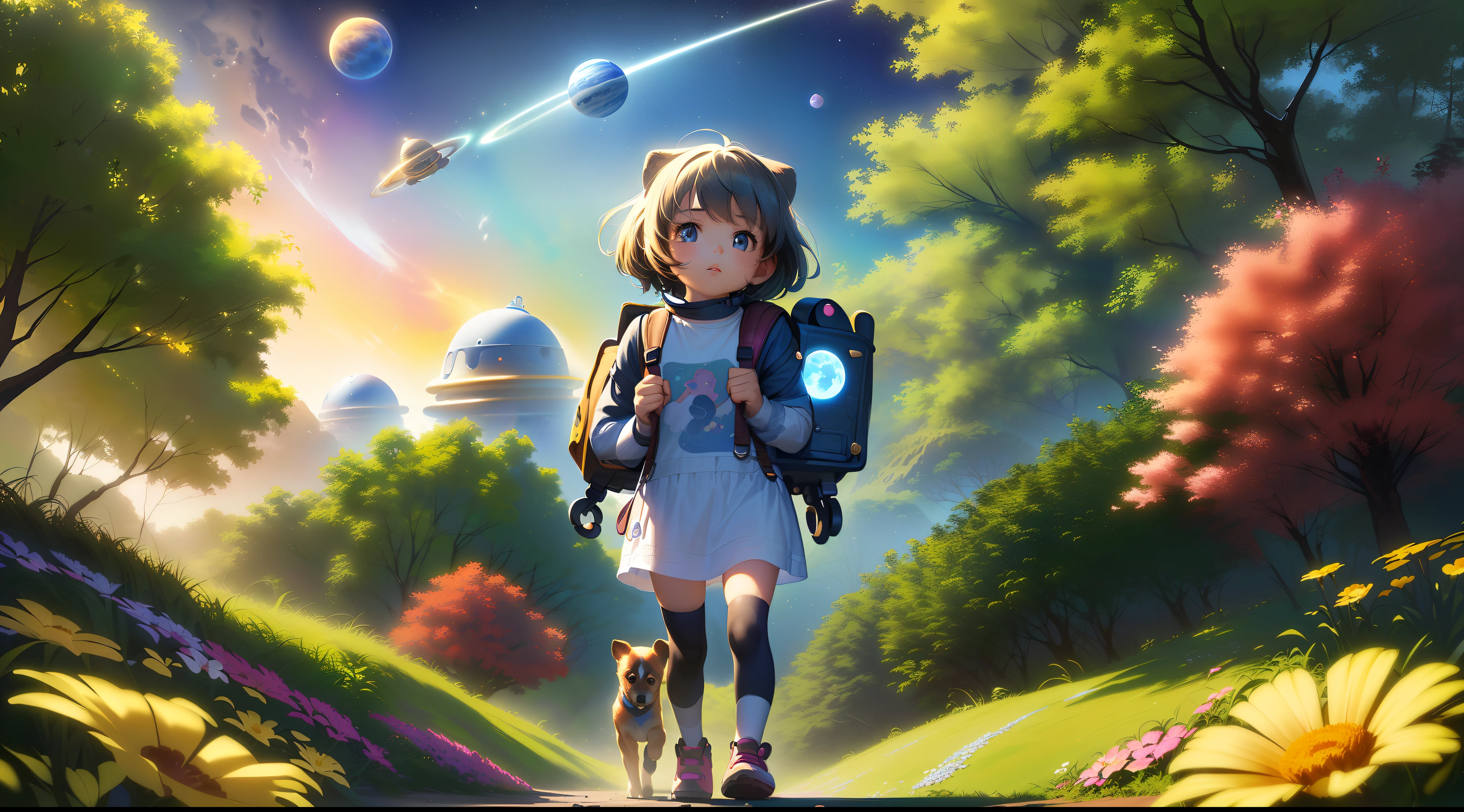 Tip: A little girl with robotic arms very charming with a backpack and her cute puppy enjoying a beautiful walk on the moon surrounded by beautiful colorful flowers and Planets. The illustration is a high-definition illustration in 4K resolution, featuring highly detailed facial features and cartoon-style visuals. --auto --s2