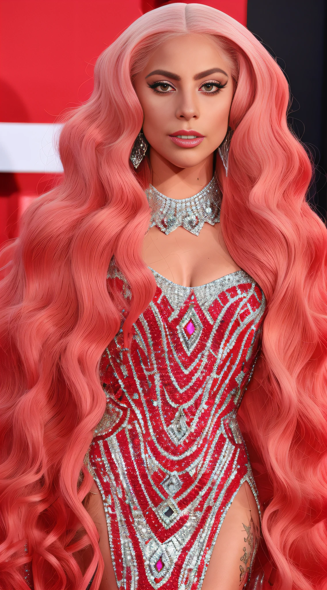 Photo of lady gaga ,with long hair, with details, long hair, with details , accessories , inspired red paul drag race dress, FULL BODY texture 4K, high quality, beautiful hairstyle, 8k image, high image quality,