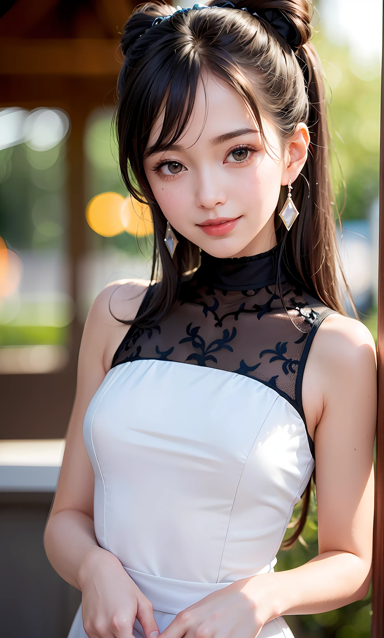 (8k, RAW photos, best quality, High resolution: 1.1), (surreal: 1.4), (realistic, realistic: 1.3), soft light, girl, realistic face, realistic body, realistic skin, absurdity, masterpiece, (cute: 1.8), cute, solo, (: 1.2), detailed black eyes, innocent eyes, blush, (dress conservatively: 1.2), movie lights, film grains, jewelry, earrings, ((princess hairstyle: 1.1)), ((floating hair nova frog style)), loose turtleneck top, cherry lips, headband, hair bow, large bow on chest, ponytail, viewer, open lips, upper teeth, lower abdomen, (Smiling Eyes: 0.6), ((Grinning: 1.2)), Depth of Field, Blurred Background, Eye Focus, Bokeh, Young, 85mm Lens, f/1.4, Professional Lighting, Young, Photon Mapping, Teleportion, Physically Based Rendering,