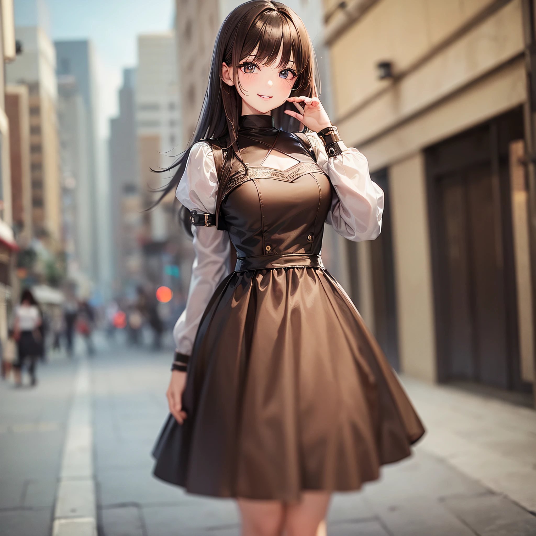 ((Best quality, 8k, Masterpiece :1.3)), 1girl, smiling, full body, slim face, Pretty woman, (Dark brown hair), full length dress :1.1, Ultra-detailed face, Detailed eyes, Double eyelid, blur background, slim face, city, outside, street, --auto --s2