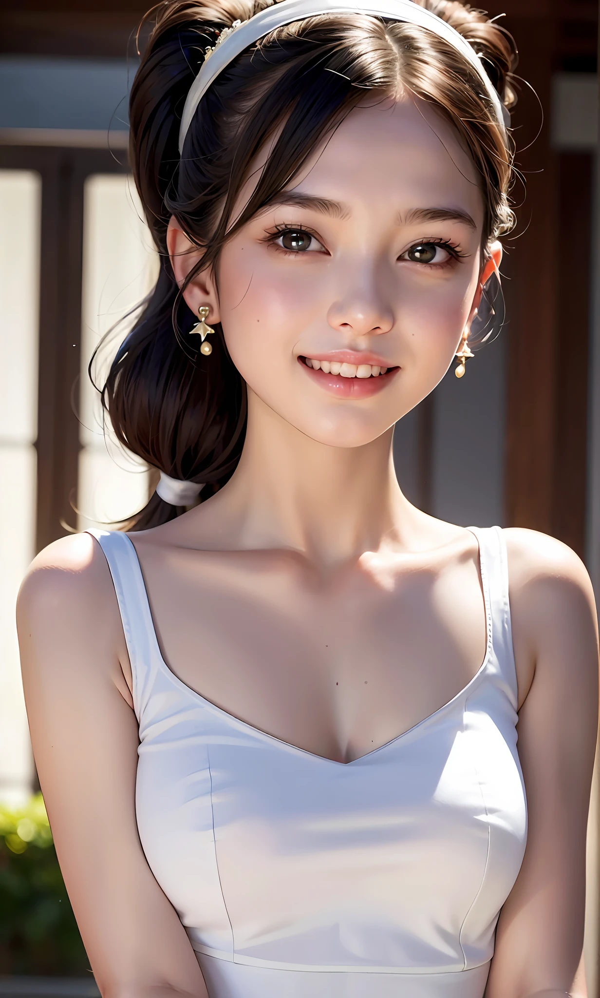 (8k, RAW photos, best quality, High resolution: 1.1), (surreal: 1.4), (realistic, realistic: 1.3), soft light, girl, realistic face, realistic body, realistic skin, absurdity, masterpiece, (cute: 1.8), cute, solo, (: 1.2), detailed black eyes, innocent eyes, blush, (dress conservatively: 1.2), movie lights, film grains, jewelry, earrings, ((princess hairstyle: 1.1)), ((floating hair nova frog style)), loose turtleneck top, cherry lips, headband, hair bow, large bow on chest, ponytail, viewer, open lips, upper teeth, lower abdomen, (Smiling Eyes: 0.6), ((Grinning: 1.2)), Depth of Field, Blurred Background, Eye Focus, Bokeh, Young, 85mm Lens, f/1.4, Professional Lighting, Young, Photon Mapping, Teleportion, Physically Based Rendering,