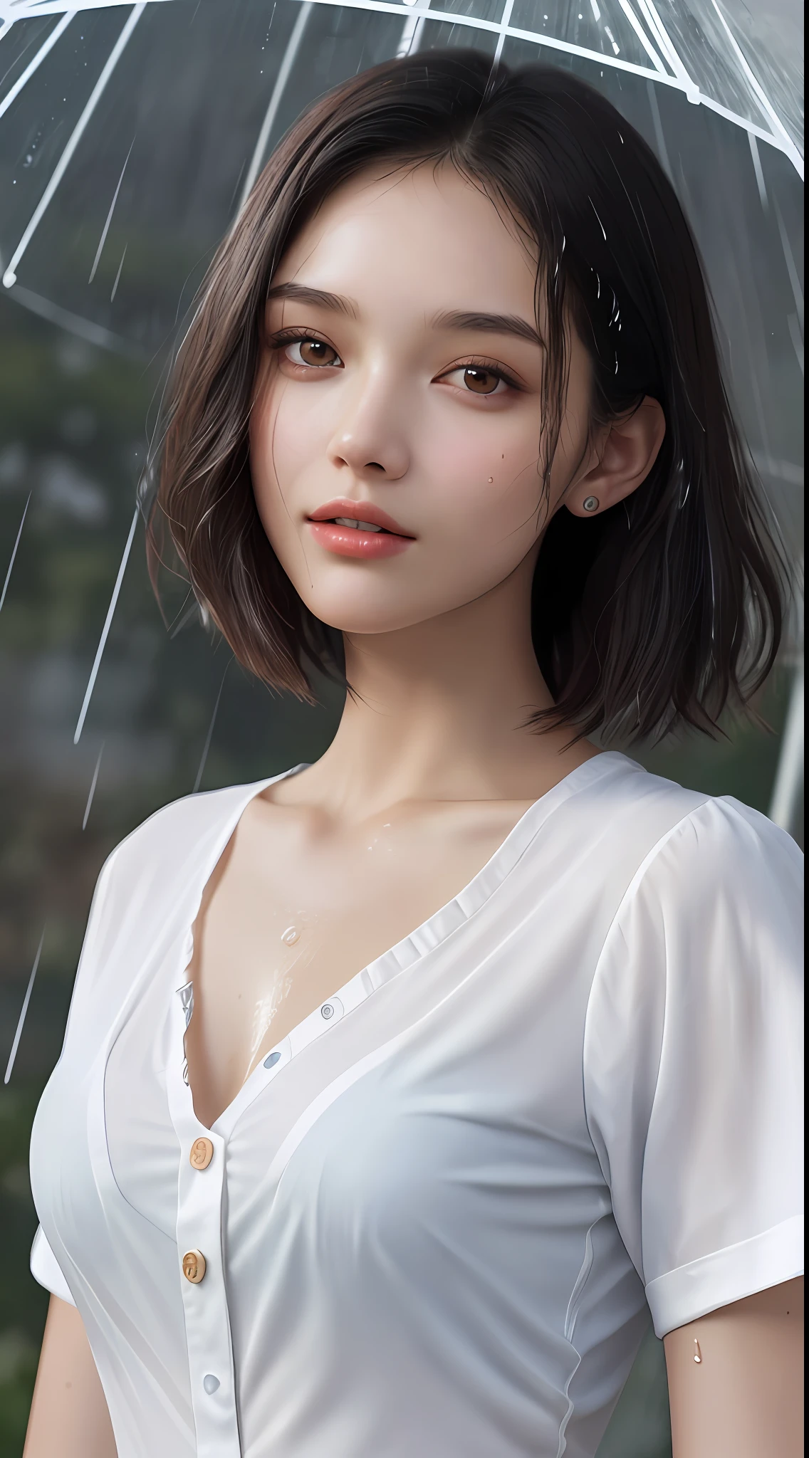 ((best quality, 8k, masterpiece: 1.3)), beautiful woman with a perfect body: 1.4, slim abdomen: 1.2, ((layered haircut, large: 1.2)), (braless) (small and beautiful hard (thin moist buttons up to shirt length: 1.1), (rain-soaked white shirt), wet body: 1.1, highly detailed face and skin texture, detailed eyes, double eyelids, sexy