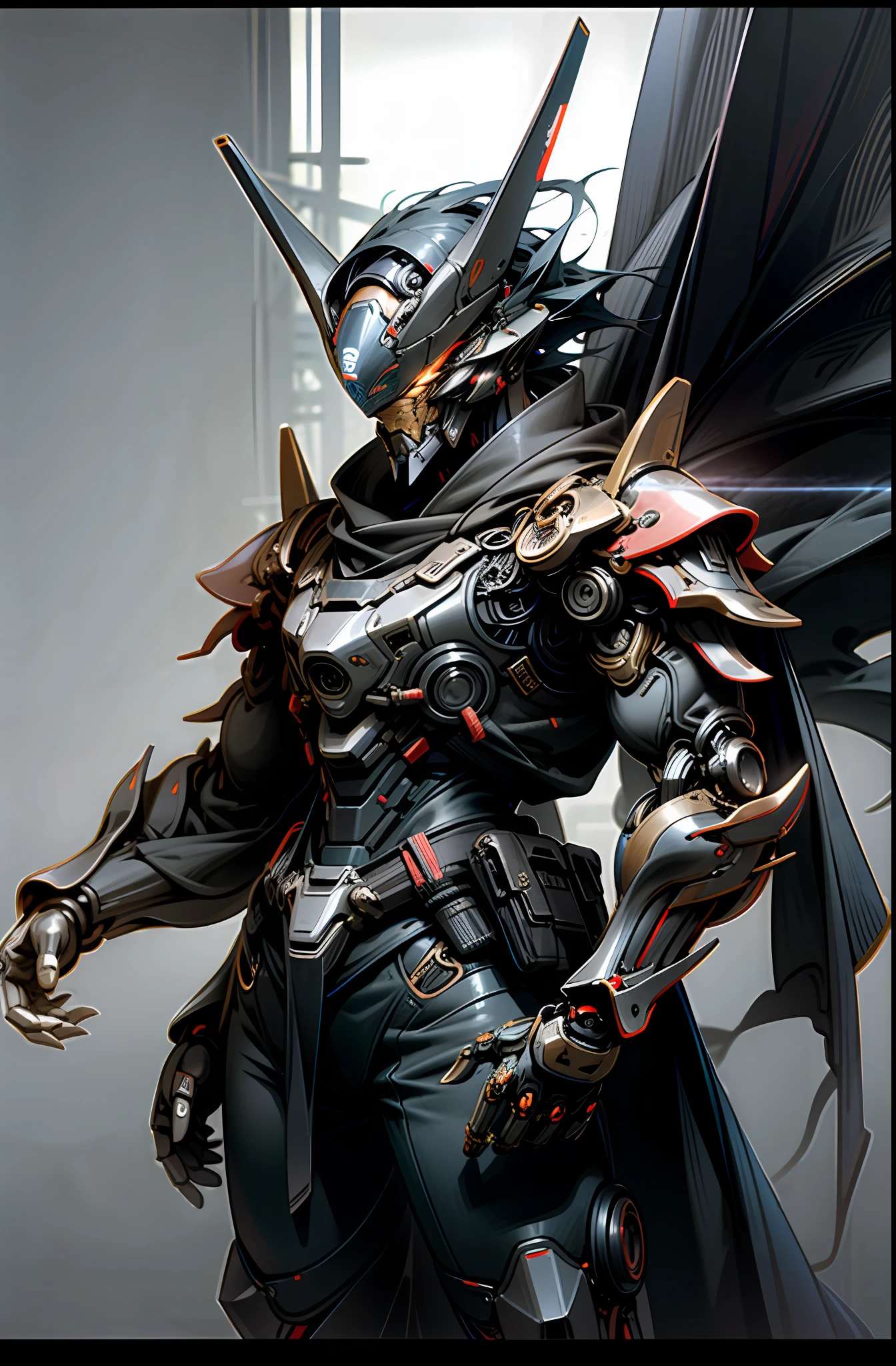 Dark_Fantasy, Cyberpunk, phenomenal, superhero, mechanics, robotic presence, cybernetic guardian, samurai mechanical armor, katana on waist, absolutely stunning art, with a black cape, highest quality art, highest resolution, hyper detailed, black and red, futuristic, samurai robot, atmospheric, 8k, 64k, HD, unparalleled masterpiece, dynamic lighting, cinematic, epic