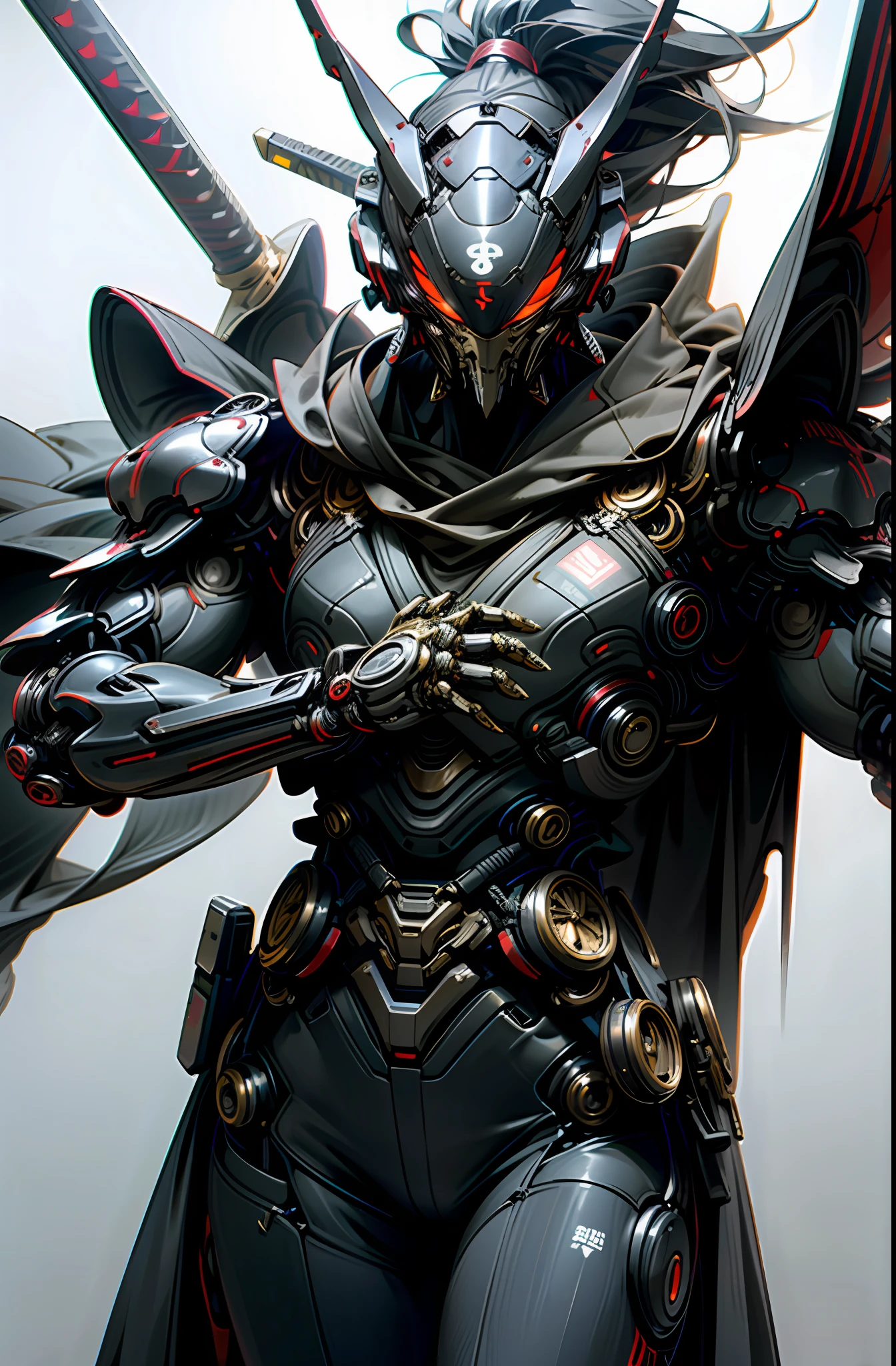 Dark_Fantasy, Cyberpunk, phenomenal, superhero, mechanics, robotic presence, cybernetic guardian, samurai mechanical armor, katana on waist, absolutely stunning art, with a black cape, highest quality art, highest resolution, hyper detailed, black and red, futuristic, samurai robot, atmospheric, 8k, 64k, HD, unparalleled masterpiece, dynamic lighting, cinematic, epic