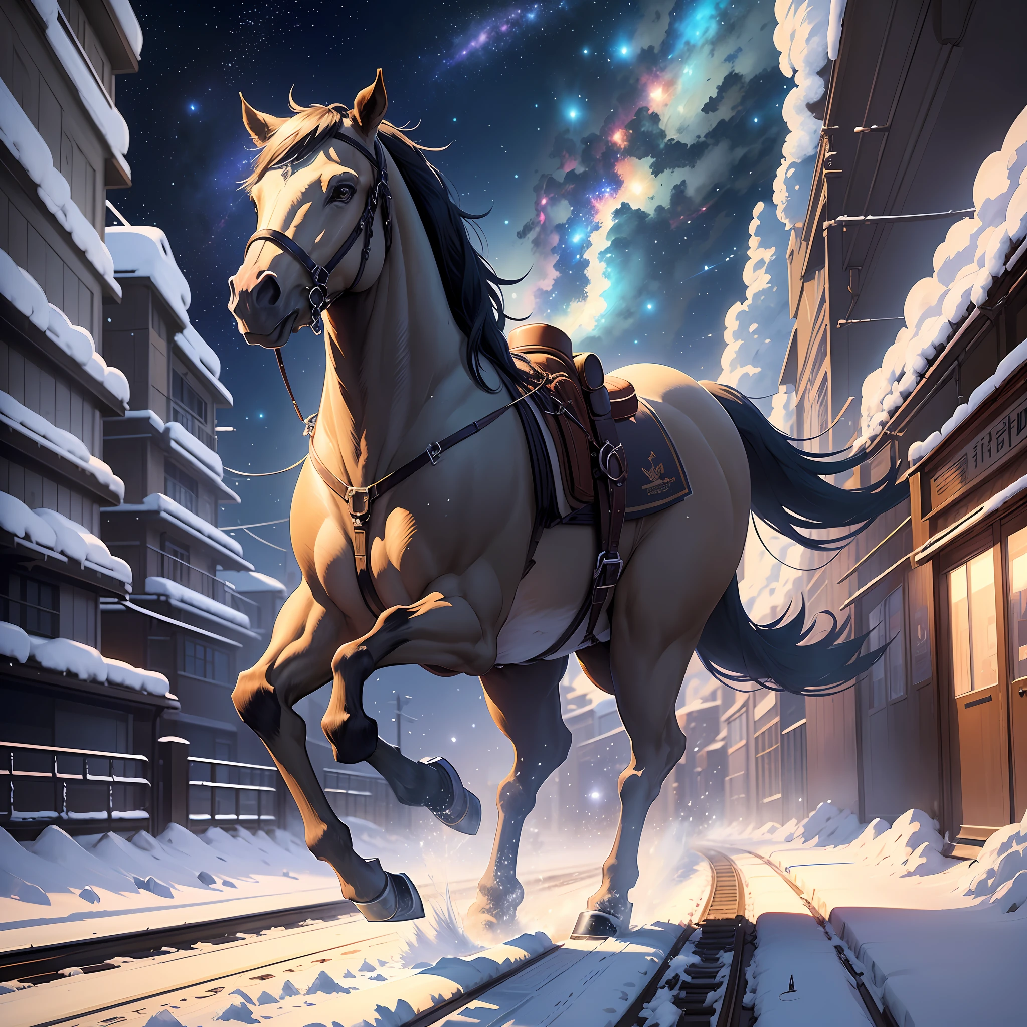 There's a horse running down the tracks in the snow, concept art by Makoto Shinkai, tumblr, magical realism, beautiful anime scenes, cosmic sky. by makoto shinkai, ( ( ( makoto shinkai ) ), anime background art, anime backgrounds, Makoto Shinkai style, anime movie backgrounds, galaxy express, no humans. --auto --s2