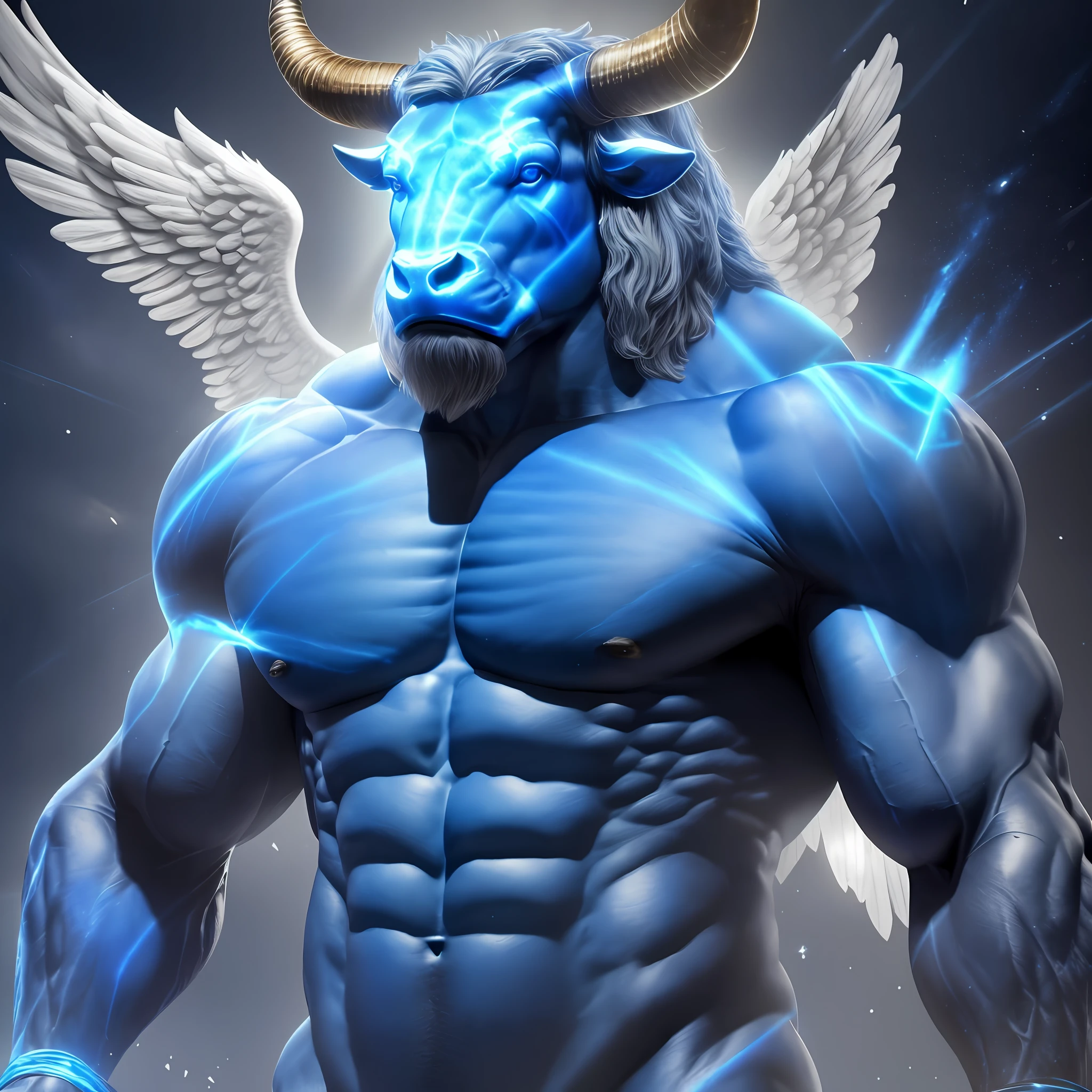 A minotaur, bull's head, blue, with angel wings, muscular, with luminous rays around the body in a realistic 12k ultra hd TV commercial advertising scenario --auto --s2