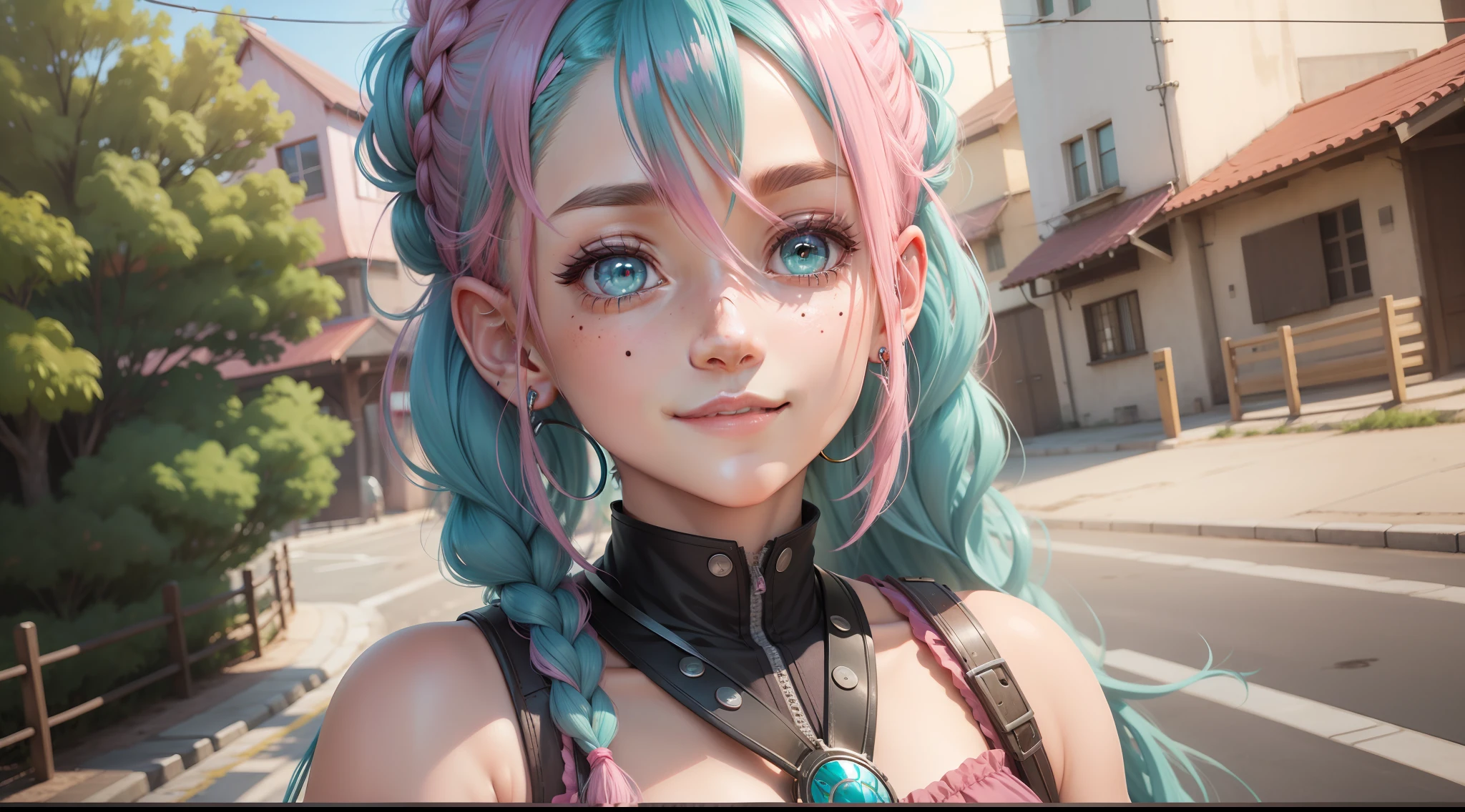 Pink hair, side braids, moles under the eyes, aqua green eyes, earrings, light smile, anime style, stereogram, character chart, panorama, ultra hd, high quality, high resolution, a girl