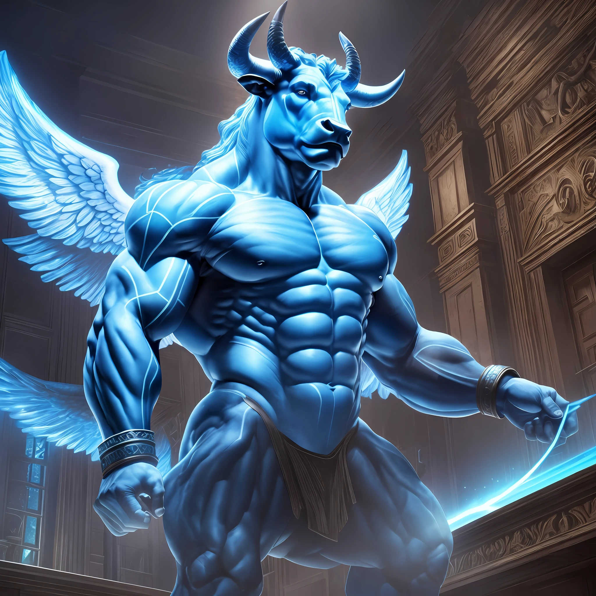 A minotaur, bull's head, blue, with angel wings, muscular, with luminous rays around the body in a realistic 12k ultra hd TV commercial advertising scenario --auto --s2