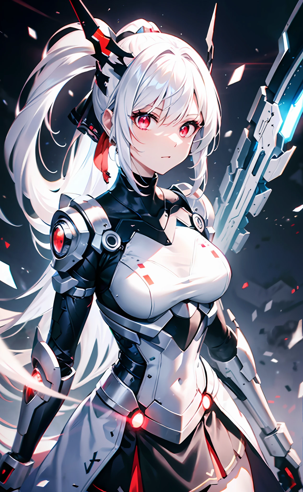 Very accurate details, highly detailed 8K wallpaper, (Extraordinary Pretty Girl: 1.5), Broken, Light White Hair, Ponytail, White Miniskirt, (Red Glowing Eyes: 1.1), Fracture, Perfect Five Fingers, Headdress, Fracture, (Dynamic Angle: 1.4), Blue Translucent Longsword, Full Body, Standing, Sci-Fi Exoskeleton, Red Scarf,