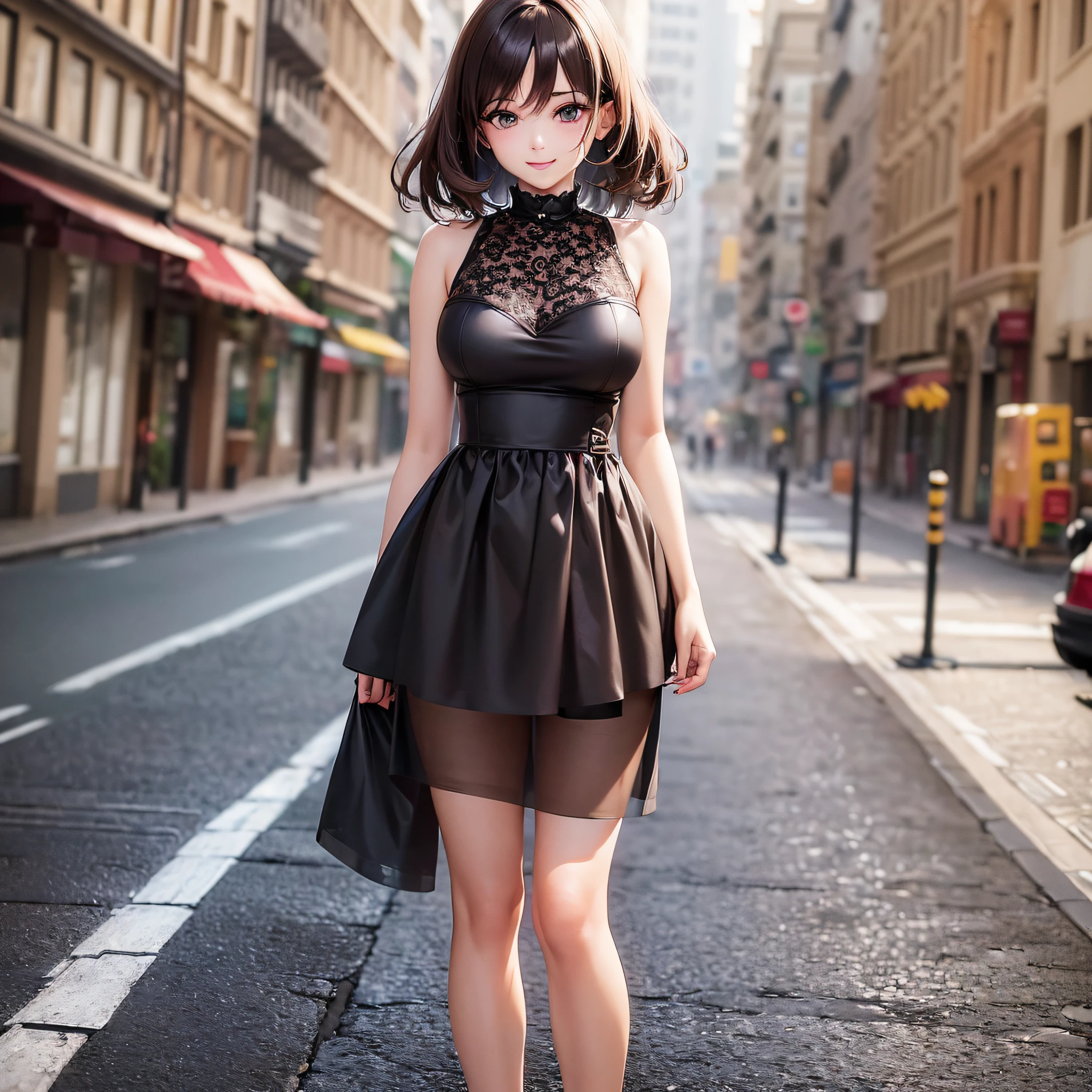 ((Best quality, 8k, Masterpiece :1.3)), 1girl, smiling, full body, slim face, Pretty woman, (Dark brown hair), full length dress :1.1, Ultra-detailed face, Detailed eyes, Double eyelid,  blur background, slim face, city, outside, street, --auto --s2