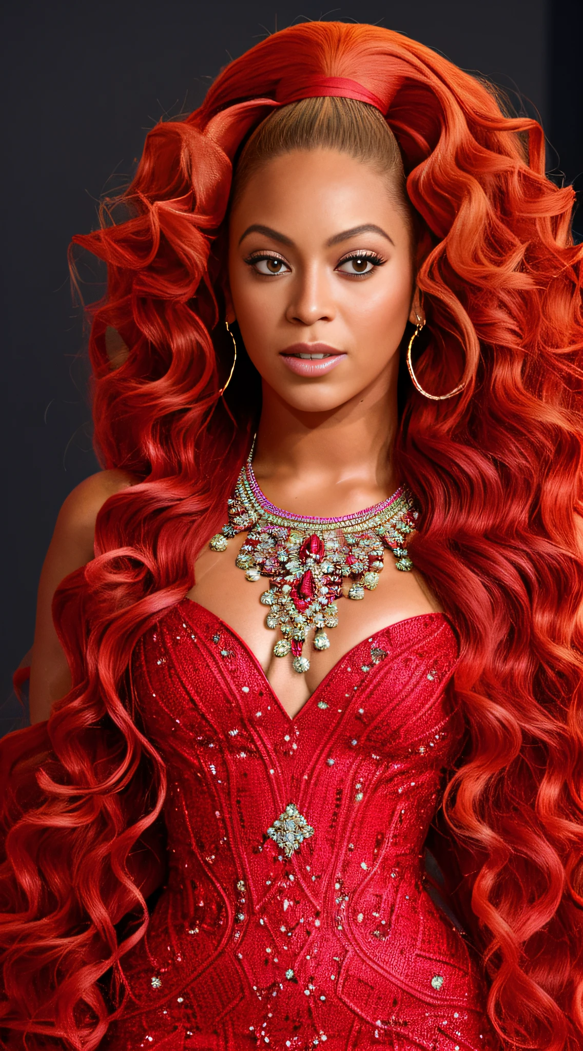 Photo of Beyoncé ,with long hair, with details, long hair, with details , accessories , inspired red drag race dress, FULL BODY texture 4K, high quality, beautiful hairstyle, 8k image, high image quality,