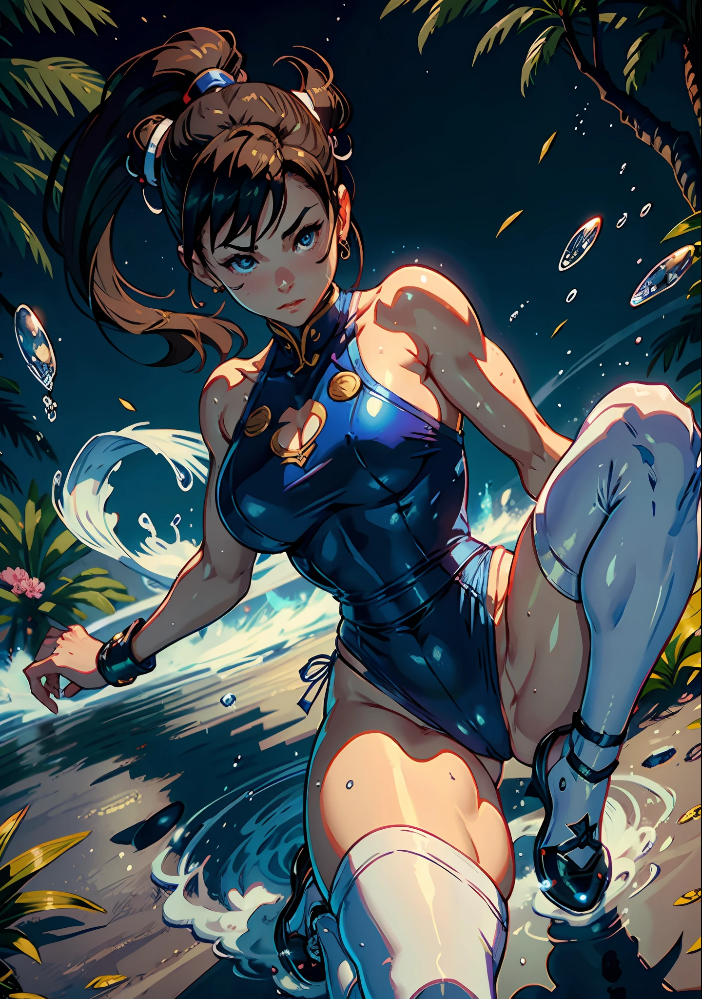 Street Fighter's Chun Li, Very Beautiful Girl, Small Man's Waist, Long Leg Proportions, Longeyelashes, Determined, White High Boots, Best Light and Shadow, Tilt View, Capcom Style, Ultra HD, 8K, Real Skin, All Body is Water, Chun Li's Signature Action, Black Stockings, Watery Big Eyes, High Nose Bridge, Small Mouth, Big Breasts, Crotch Width, Chun Li's classic outfit