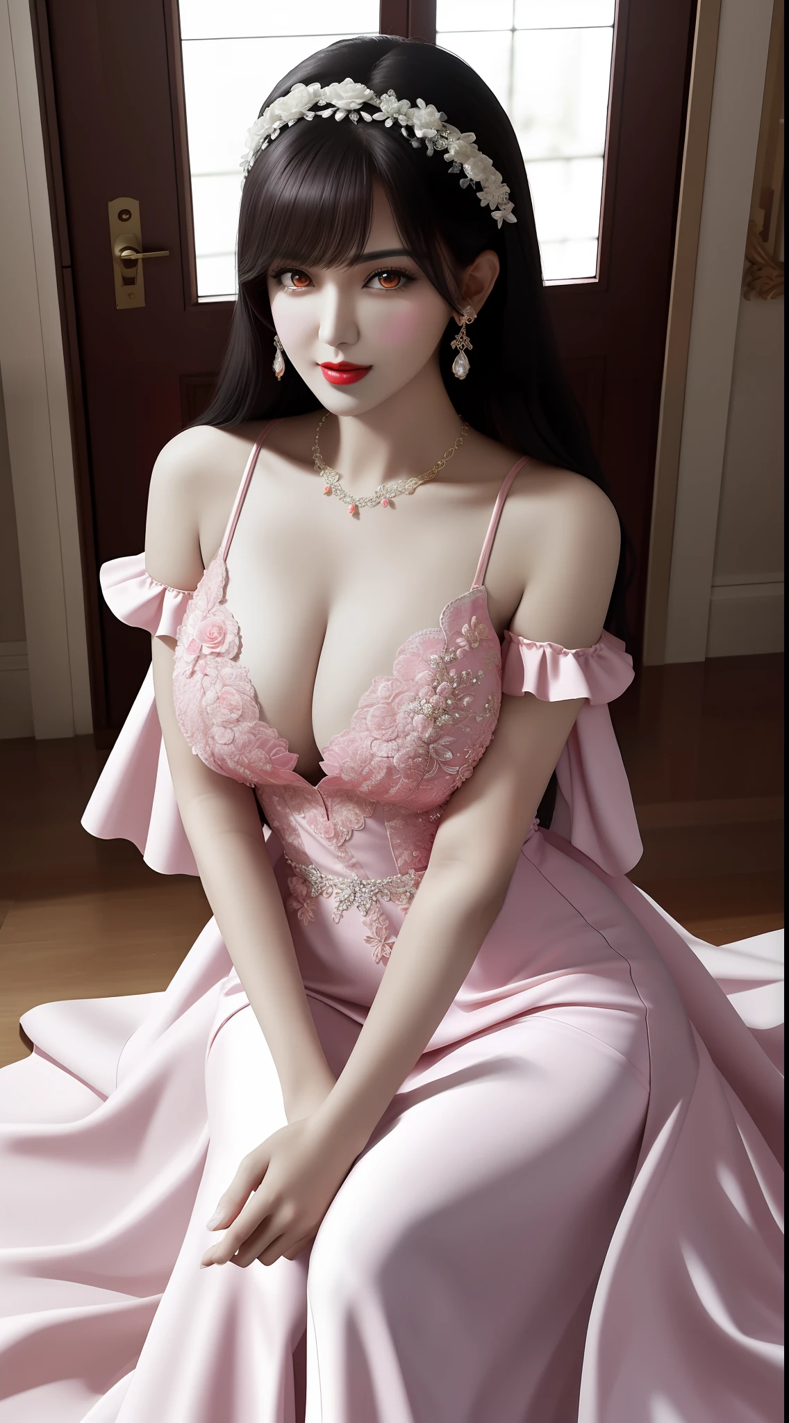 1 beautiful mature girl, looking at viewer, upper body, realistic,real girl, gentle girl, Girly, Full body shape, smooth pink and white skin, Front bangs, large breasts and round, excessively frilled princess dress, draped clothes, flawless face, jewelry, high nose, ornament, flower, lace trim, beautiful big and round orange eyes, sharp eyebrows, very sharp and detailed peacock eyelashes and makeup, red lips, Smile without opening your lips, long silky black hair and jewelry clips, masterpiece, best quality, 8k, detailed skin texture, detailed cloth texture, beautiful detailed face, intricate details, ultra detailed, rim lighting, side lighting, cinematic light, ultra high res, 8k uhd, film grain,best shadow, delicate, RAW photo, detailed and clear images, extremely sharp images,