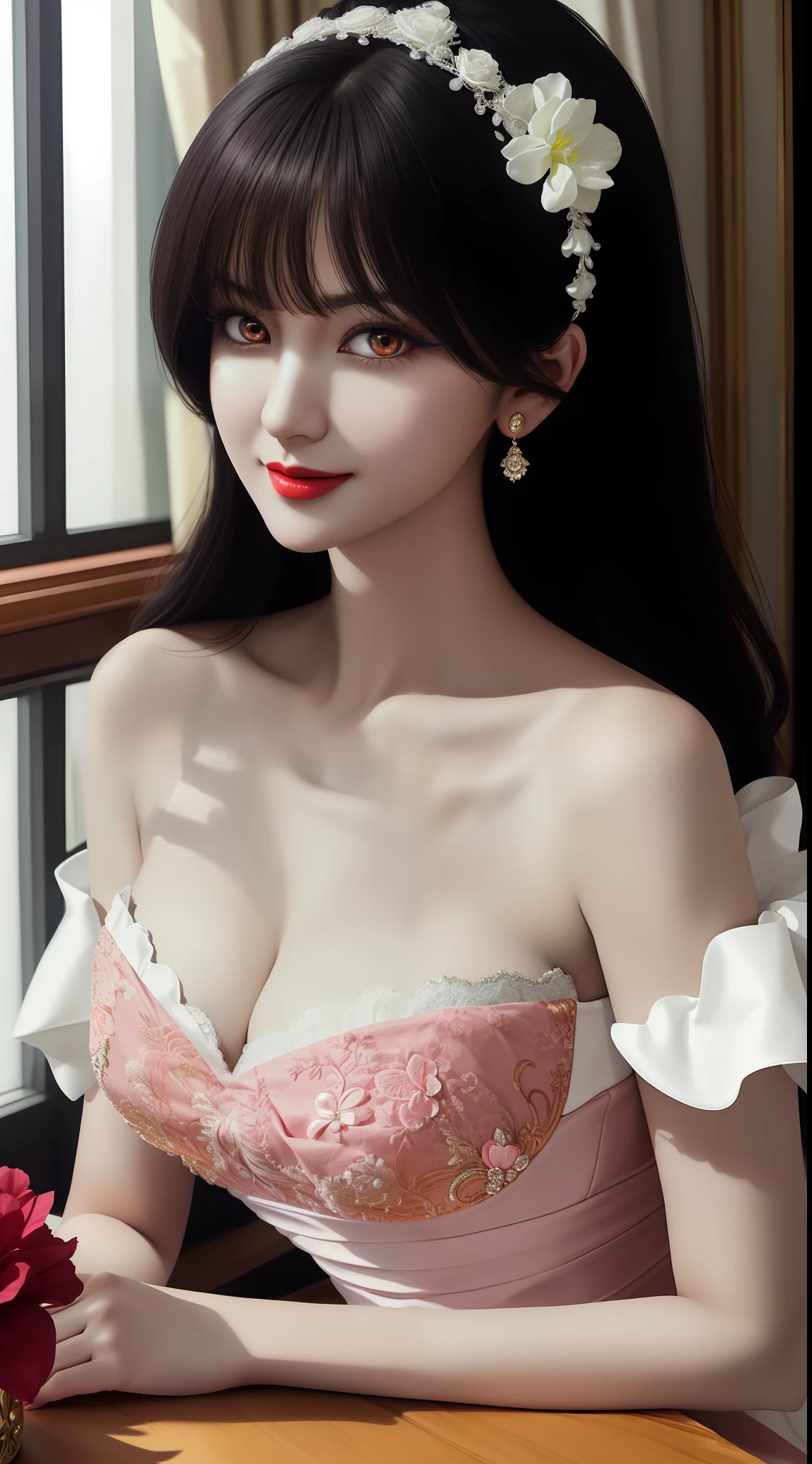 1 beautiful mature girl, looking at viewer, upper body, realistic,real girl, gentle girl, Girly, Full body shape, smooth pink and white skin, Front bangs, large breasts and round, excessively frilled princess dress, draped clothes, flawless face, jewelry, high nose, ornament, flower, lace trim, beautiful big and round orange eyes, sharp eyebrows, very sharp and detailed peacock eyelashes and makeup, red lips, Smile without opening your lips, long silky black hair and jewelry clips, masterpiece, best quality, 8k, detailed skin texture, detailed cloth texture, beautiful detailed face, intricate details, ultra detailed, rim lighting, side lighting, cinematic light, ultra high res, 8k uhd, film grain,best shadow, delicate, RAW photo, detailed and clear images, extremely sharp images,