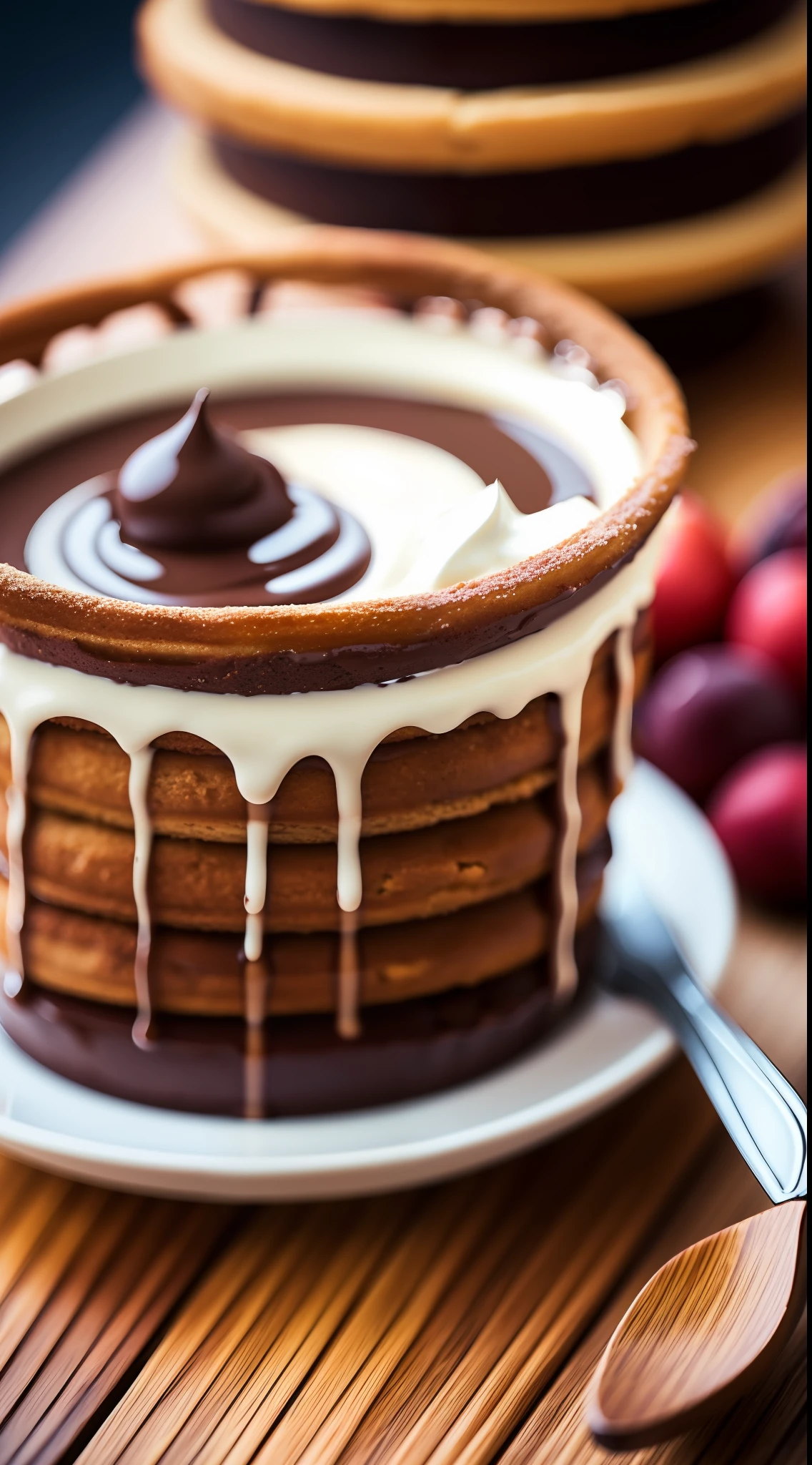 (foodporn:0.7), dessert, churro, chocolate, cream, hot chocolate, fruit, by leonid afremov, soft lighting, high quality, film grain, Fujifilm XT
