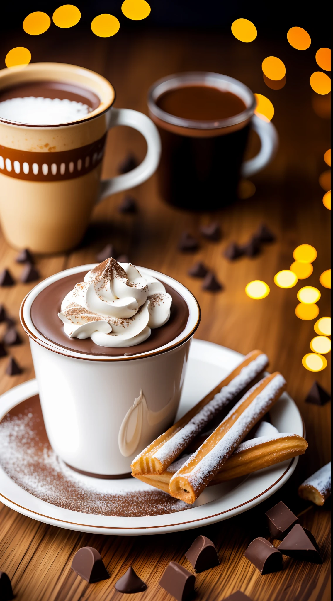 (foodporn:0.7), dessert, churro, chocolate, cream, hot chocolate, fruit, by leonid afremov, soft lighting, high quality, film grain, Fujifilm XT