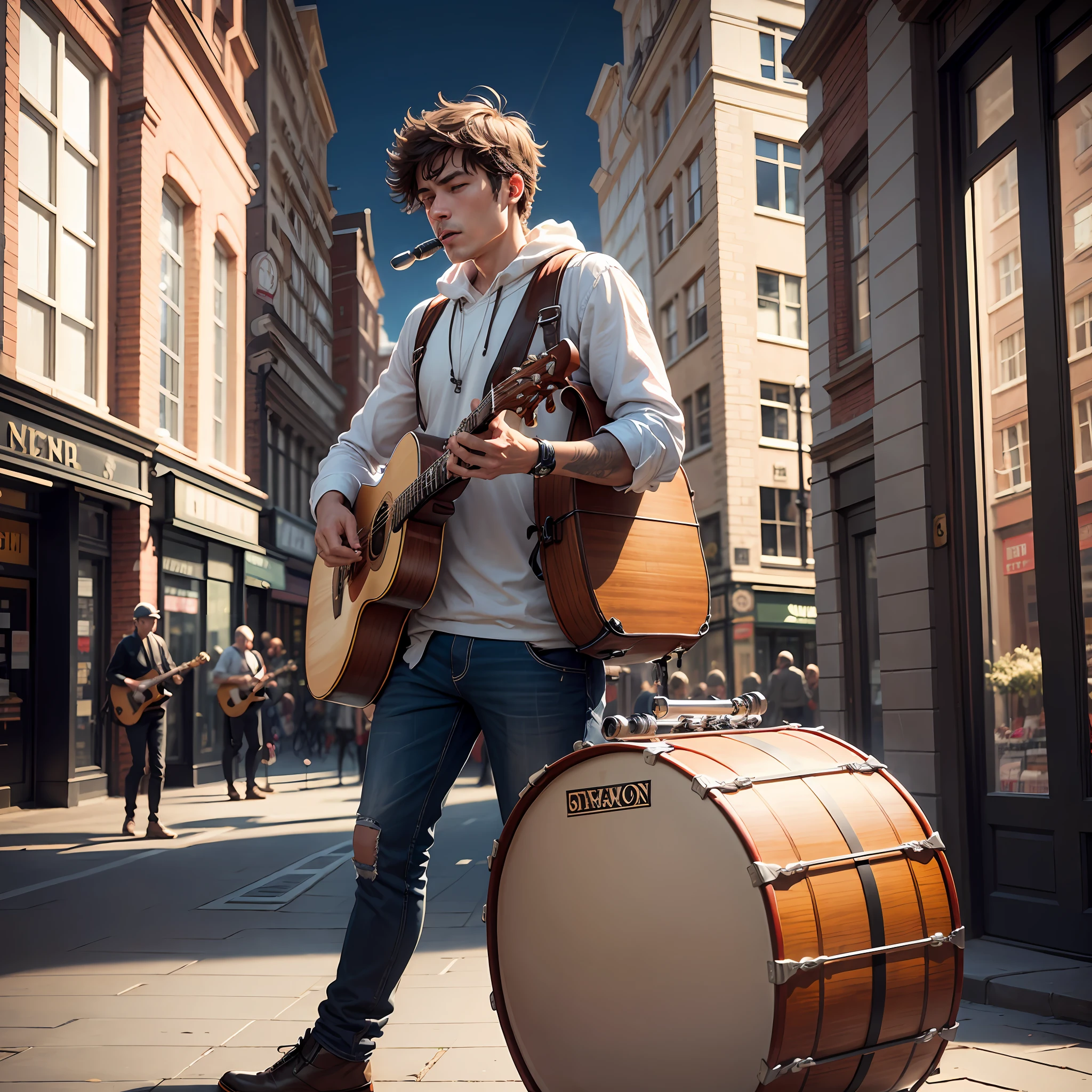 a one-man band playing his musical instruments in the highstreet, guitar, big drum on his back, harmonica, other instruments, city background