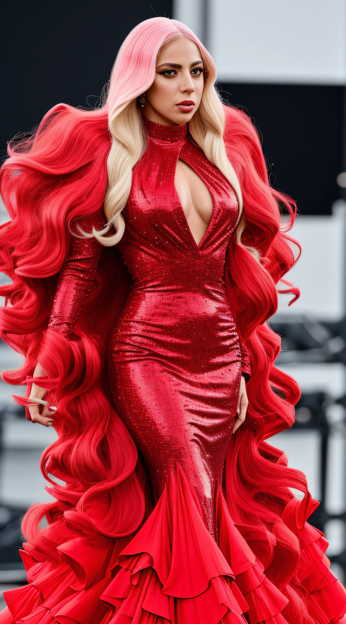 Photo of lady gaga ,with long hair, with details, long hair, with details , accessories , inspired red paul drag race dress, FULL BODY texture 4K, high quality, beautiful hairstyle, 8k image, high image quality,