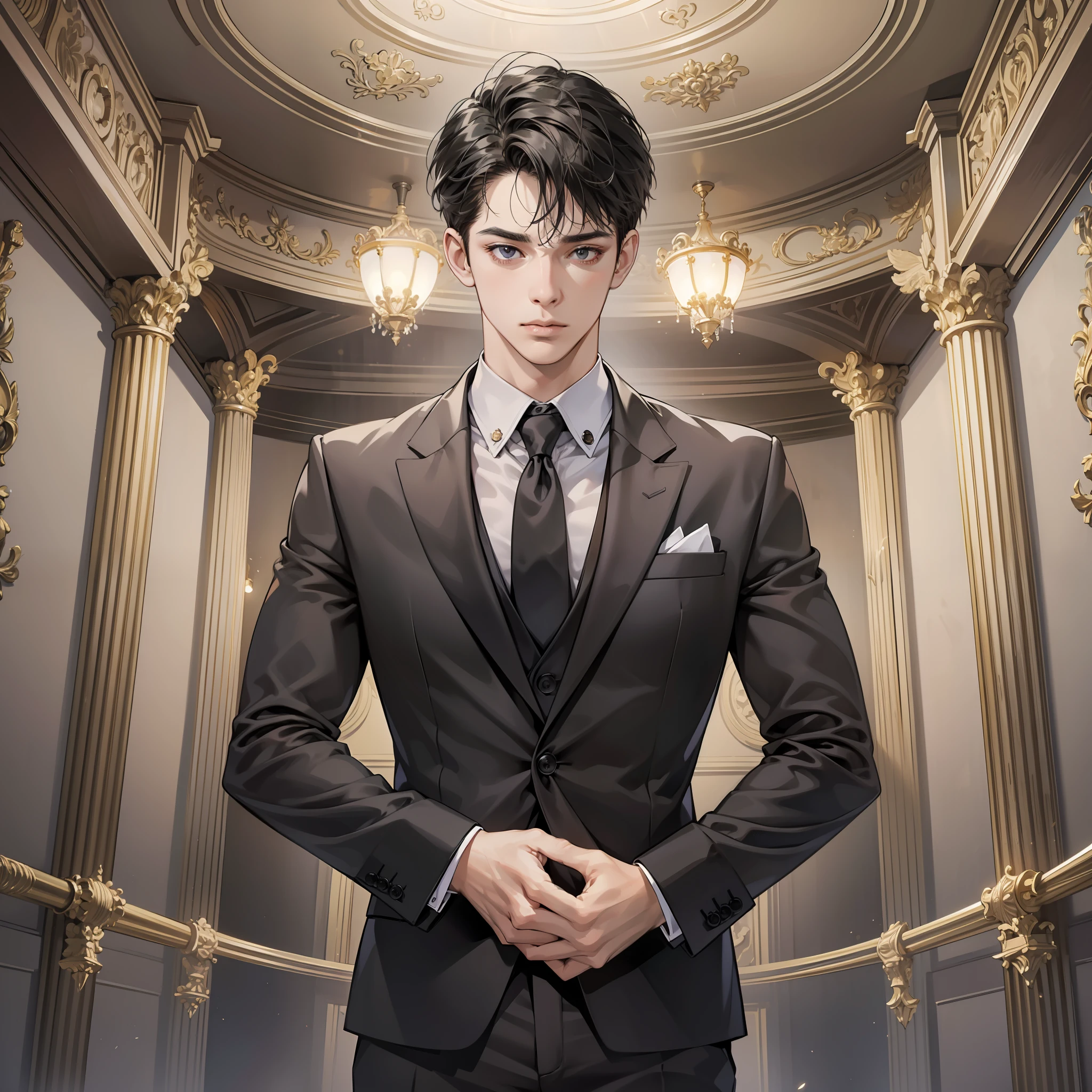 Masterpiece, high quality, best quality, HD, realistic, perfect lighting, detailed face, detailed body, 1 man, short black hair, suit, (surprised expression: 1.5) (face surprise: 1.5), standing in a palatial hall