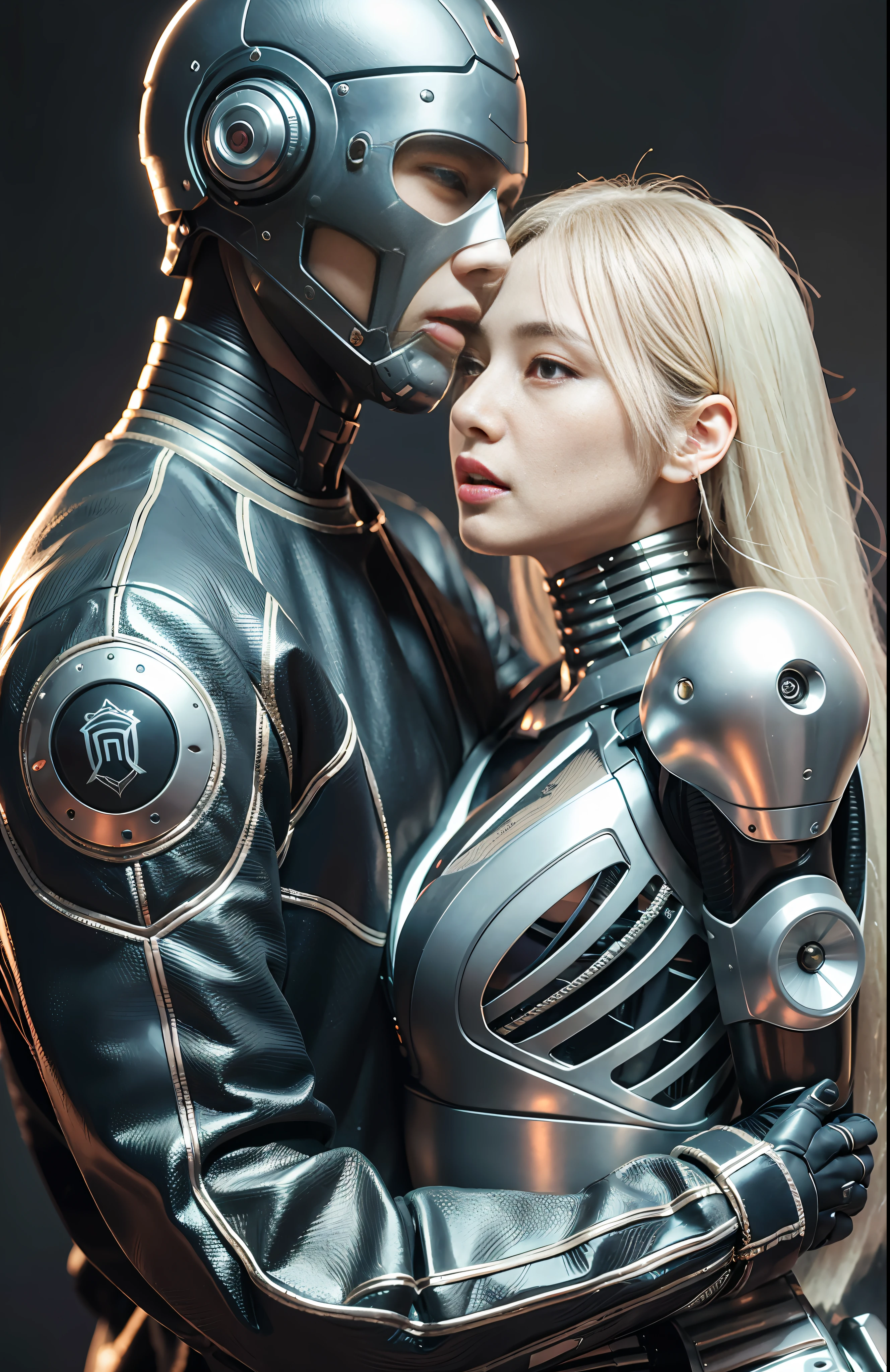 A 25 year old realistic real man in jacket clothes and a female robot passionately lingering hugging and kissing, complex 3d rendering very detailed beautiful ceramic silhouette female robot face, robot, robot parts, 150mm, beautiful studio soft light, edge light, vibrant details, luxurious cyberpunk, lace, surrealism, anatomy, facial muscles, cable wire, microchip, elegant, beautiful background, octane rendering, HR Giger style, 8k, best quality, masterpiece, illustration, very refined and beautiful, very detailed, CG, unified, wallpaper, (realism, realism: 1.37), amazing, fine detail, masterpiece, best quality, full body,