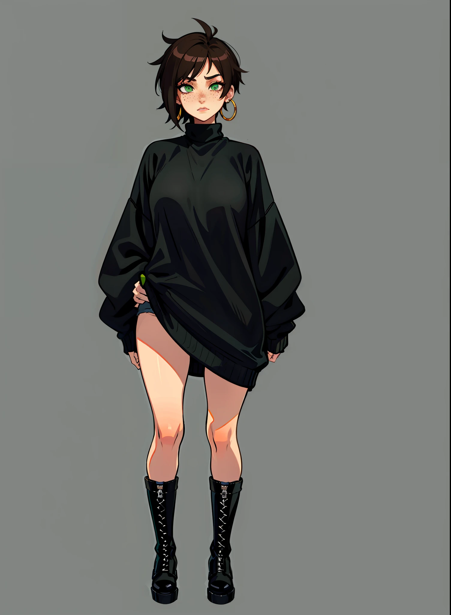 1woman, 1girl, solo woman, 1 person, single person, woman with a black baggy shirt and blue jeans, full body portrait of a short!, urban girl fanart, !!full body portrait!!, fullbody portrait, full body character portrait, wearing casual clothes, full-body character portrait, detailed full body portrait, character full body portrait, full body illustration, anime full body illustration, anime style character, short brown hair, combat boots, green eyes, Black sweater, freckles, hoop earings, loose sweater, baggy sweater, color black, oversized sweater, lewd, naughty, nsfw