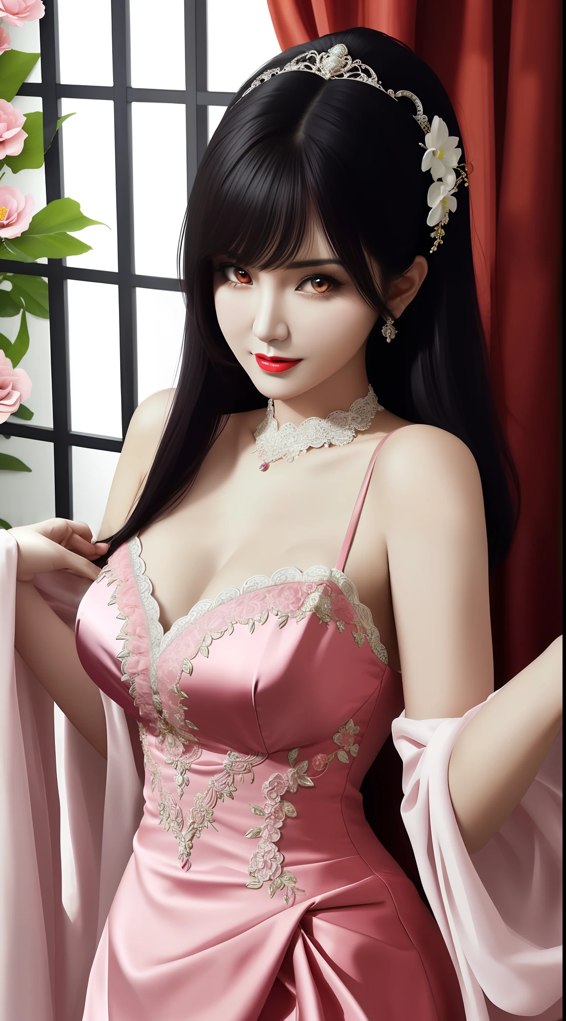 1 beautiful mature girl, looking at viewer, upper body, realistic,real girl, gentle girl, Girly, Full body shape, smooth pink and white skin, Front bangs, large breasts and round, excessively frilled princess dress, draped clothes, flawless face, jewelry, high nose, ornament, flower, lace trim, beautiful big and round orange eyes, sharp eyebrows, very sharp and detailed peacock eyelashes and makeup, red lips, Smile without opening your lips, long silky black hair and jewelry clips, masterpiece, best quality, 8k, detailed skin texture, detailed cloth texture, beautiful detailed face, intricate details, ultra detailed, rim lighting, side lighting, cinematic light, ultra high res, 8k uhd, film grain,best shadow, delicate, RAW photo, detailed and clear images, extremely sharp images,