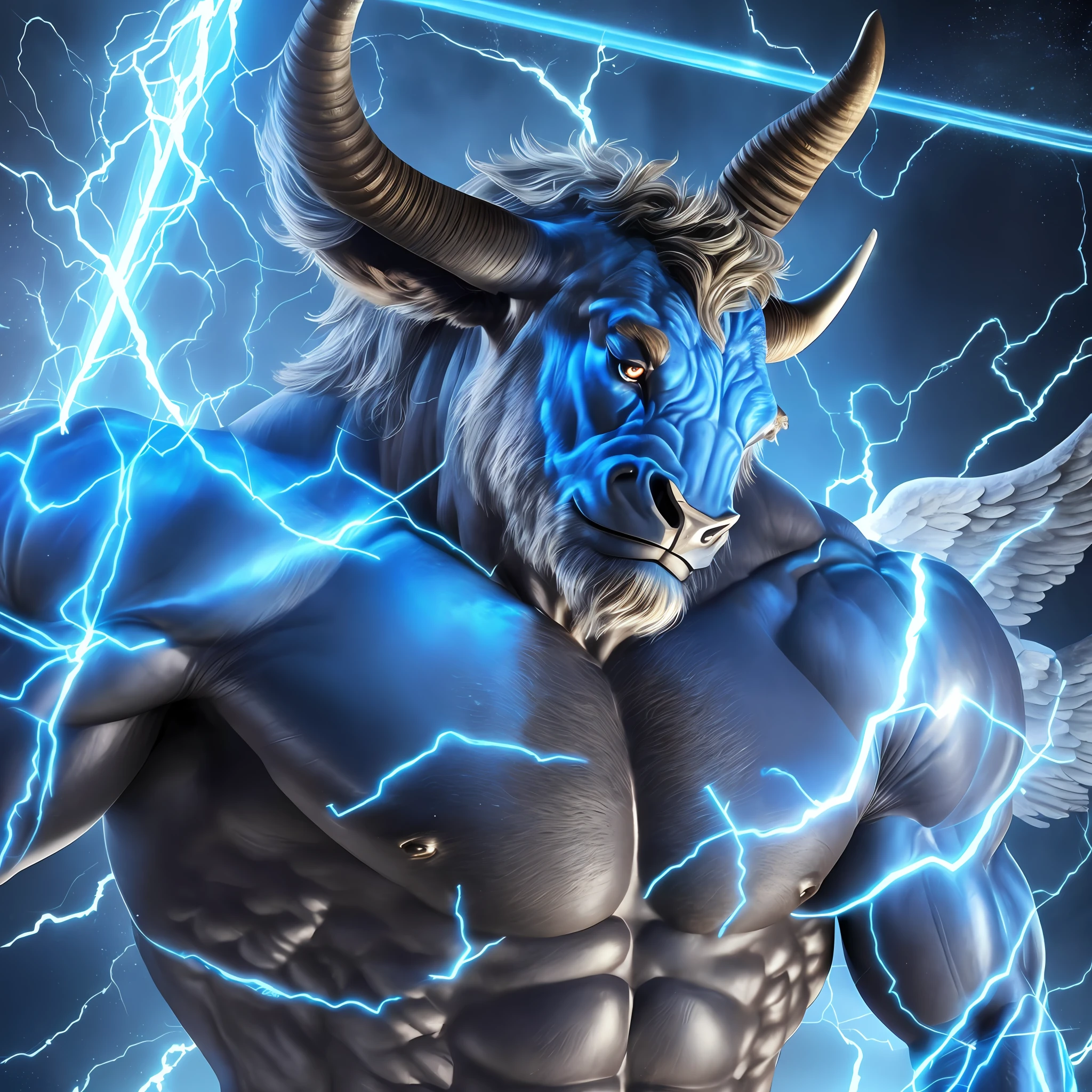 A minotaur, bull's head, blue, with angel wings, muscular, with luminous rays around the body in a realistic 12k ultra hd TV commercial advertising scenario --auto --s2