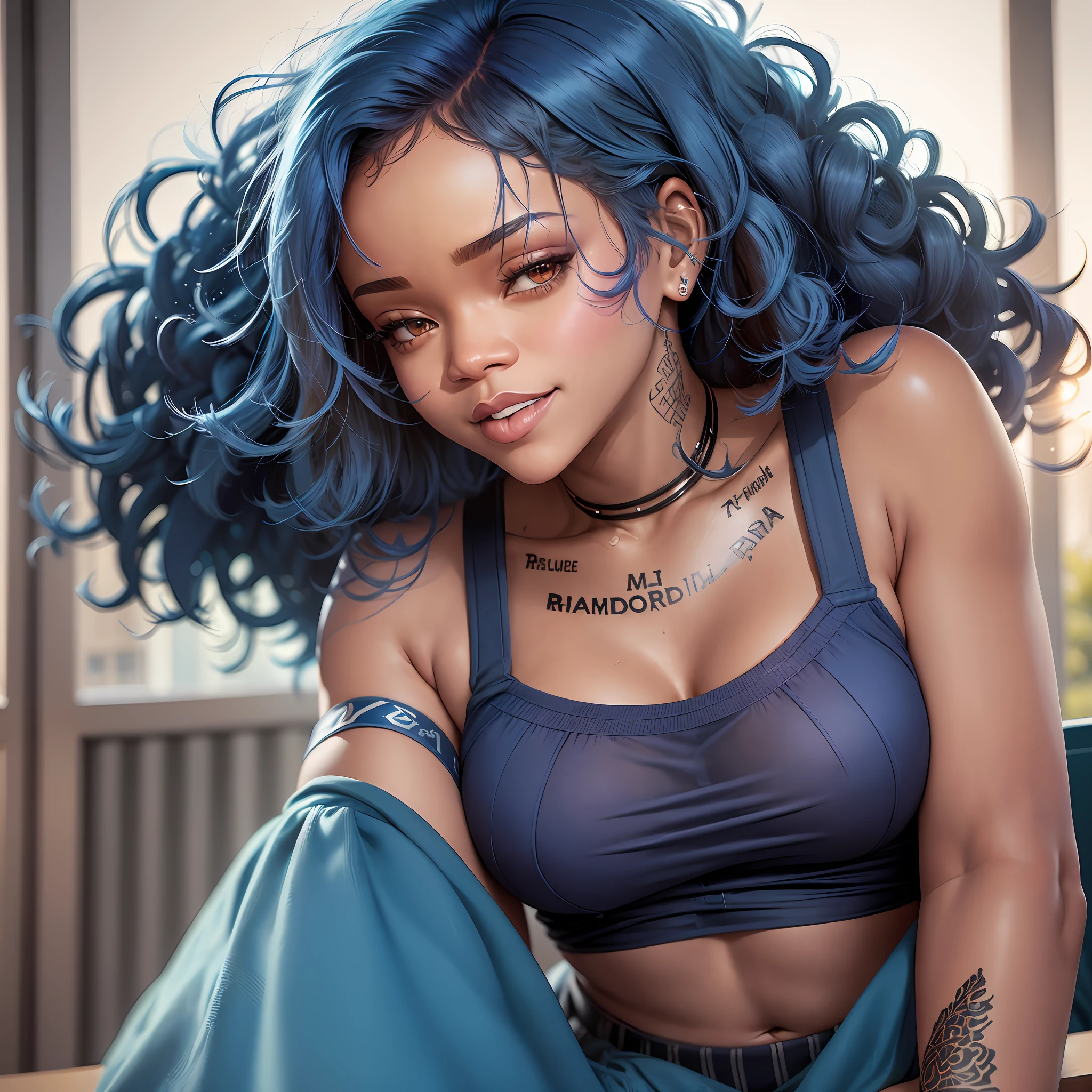 AGMM, 1girl, (Rihanna, blue hair, Colored_Skin:1.2), wearing wet see-through school uniform, large breasts, reveal, covered, skirt, thighhighs. inside building, classroom, sunbeams, bokeh, sparkles, evening, smile, sexy smile, --auto --s2