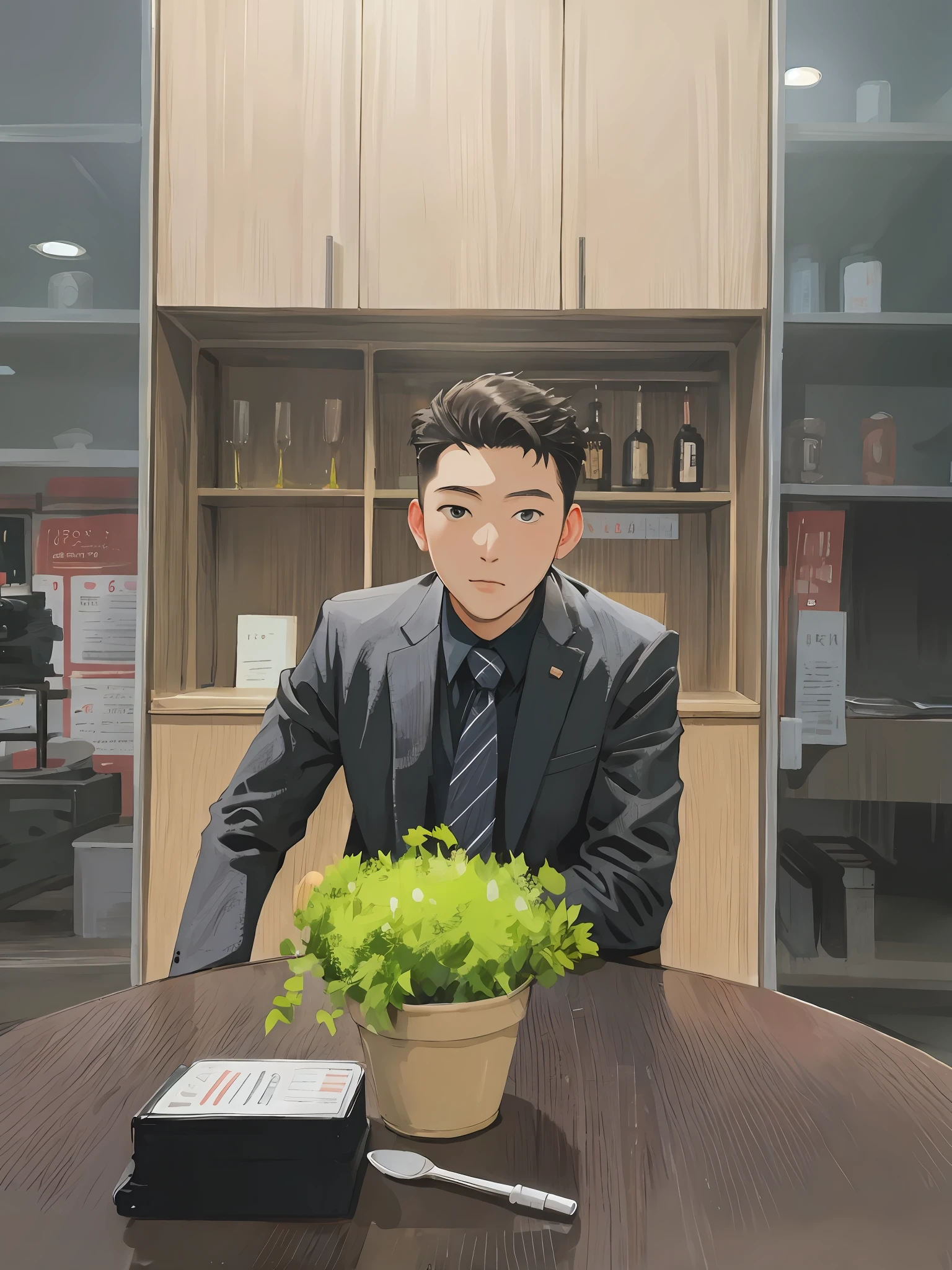 Masterpiece, best quality, super detailed, anime man, wearing a suit, smooth background