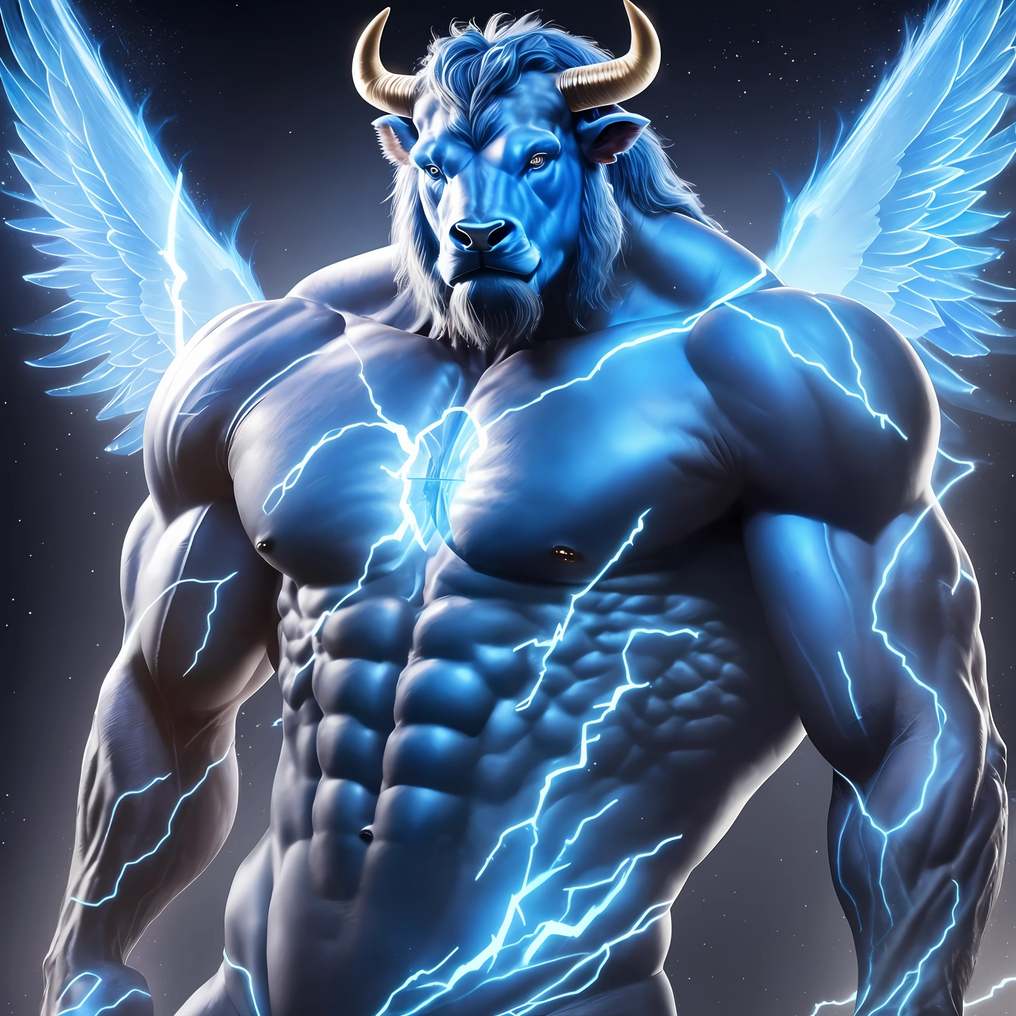 A minotaur, bull's head, blue, with angel wings, muscular, with luminous rays around the body in a realistic 12k ultra hd TV commercial advertising scenario --auto --s2