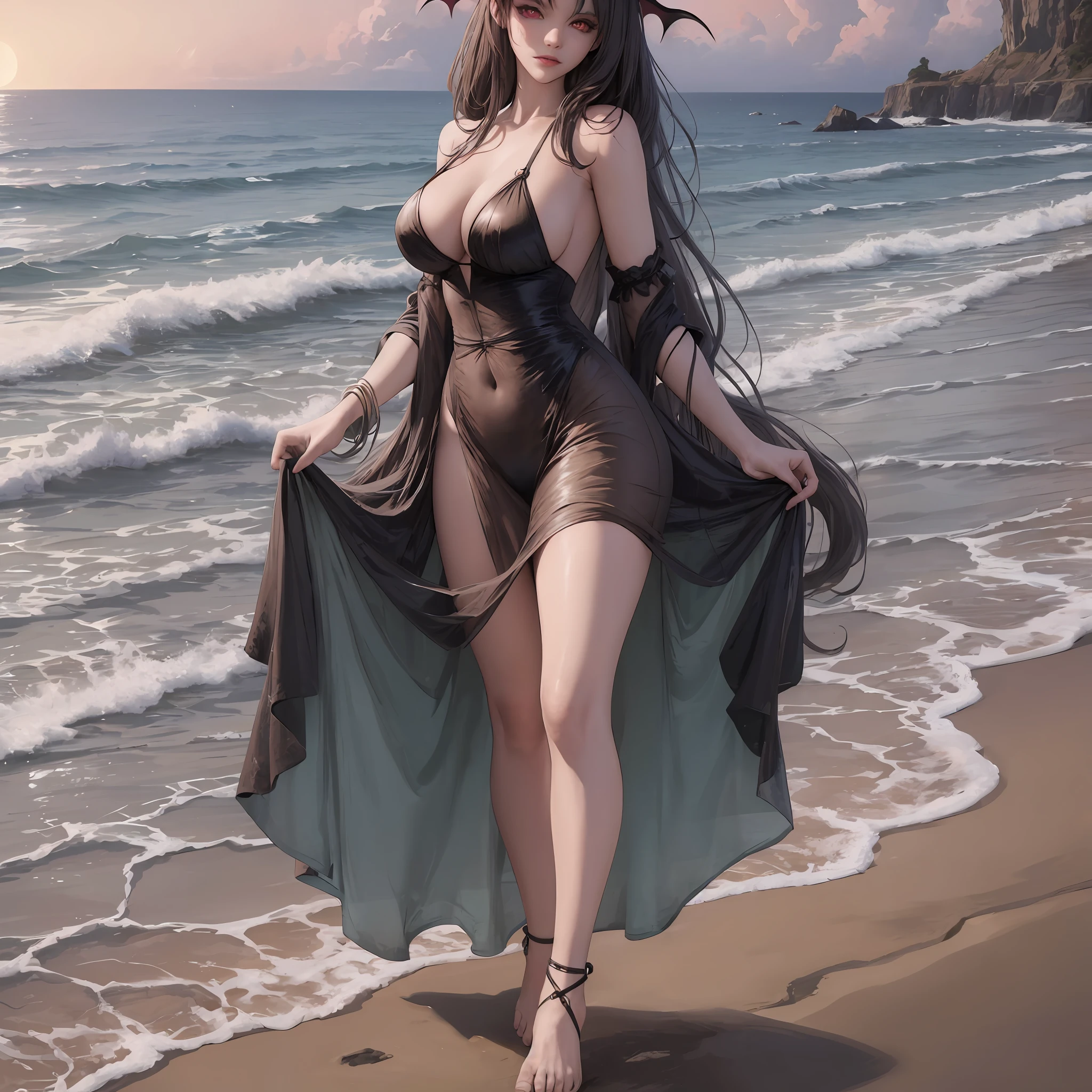 The succubus is in a beach setting, with the calm sea in the background and the setting sun illuminating its face. She is standing on the sand with her bare feet as she looks at the viewer with red eyes. Her see-through dress blows in the wind, revealing her large breasts and her tail, while her bat wings extend behind her. --auto --s2