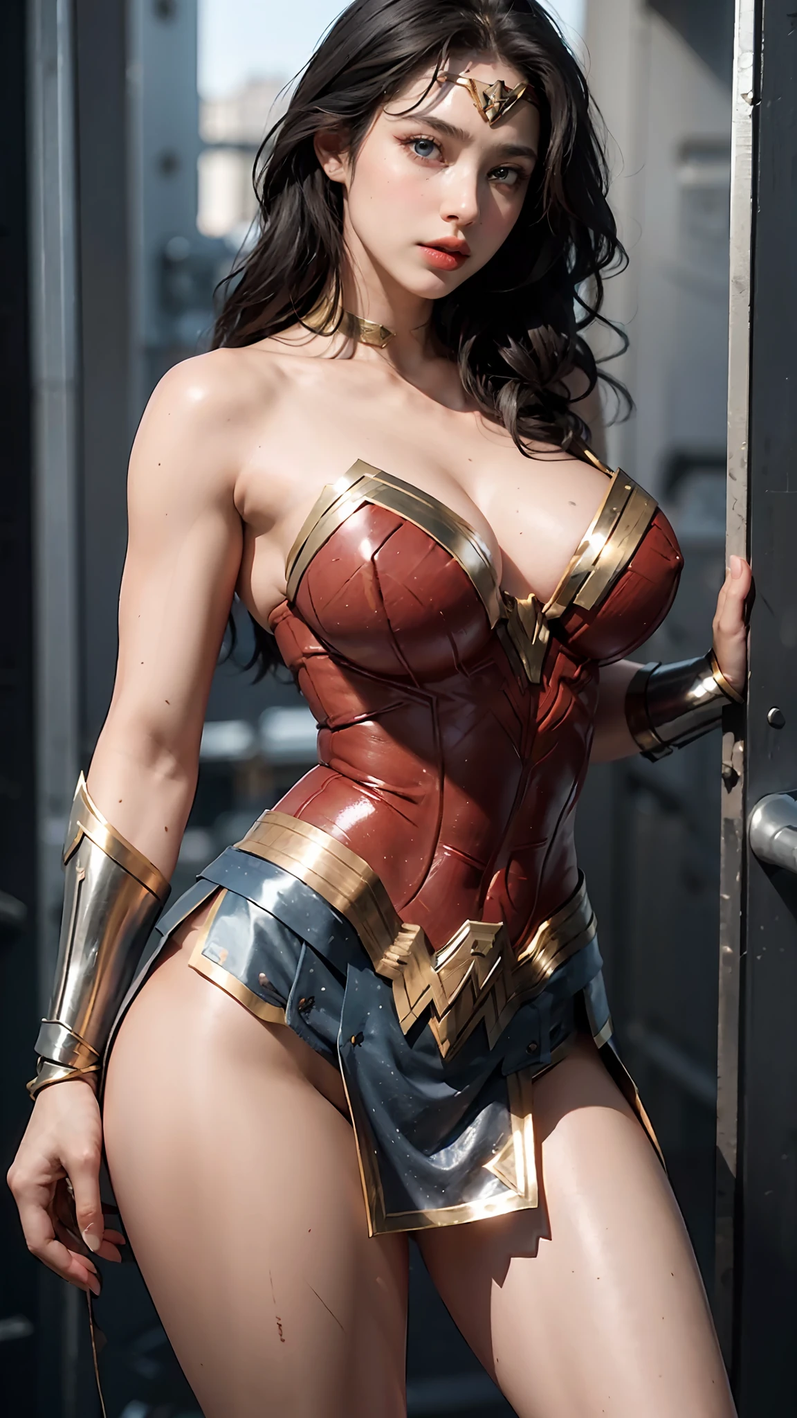 The woman's body has big breasts, Wonder Woman costume dress, delicate skin, strong and realistic blue eyes, realistic black hair, lips, makeup, natural skin texture, bare shoulders, slightly sunburned, mature, sexy, elastic muscles, firm abs, long legs, curved, thin waist, soft waist, very delicate muscles, perfect body,