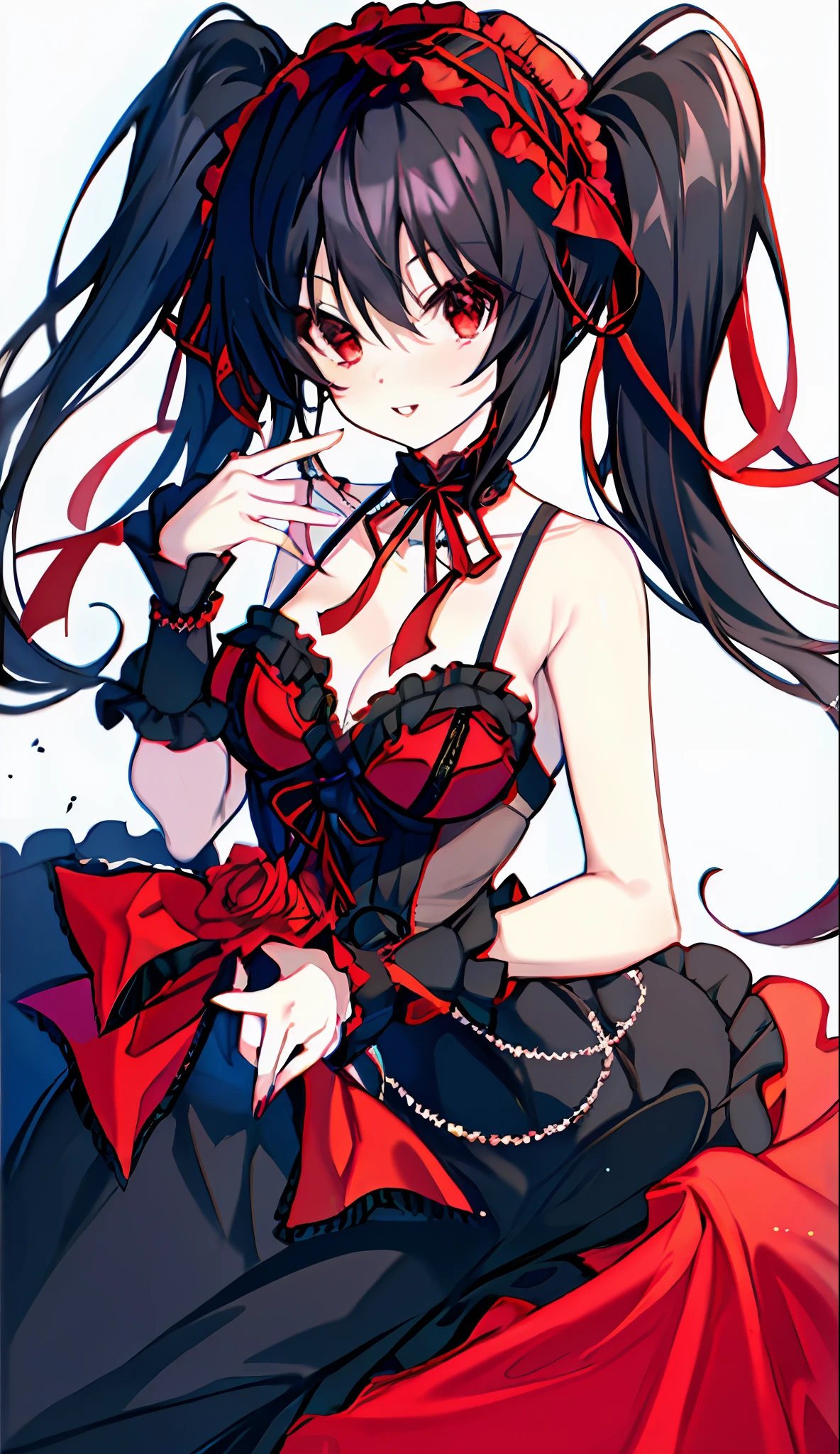 18 Year Old Beautiful Girl, Masterpiece, Top Quality, 8K Anime, 1 Girl, Solo, Detailed Fingers, Precise Fingers, Non-Unnatural Hands, Odd Eye, Red Eyes, Cleavage, Black Hair Twin Tails, Kurumi Tokizaki