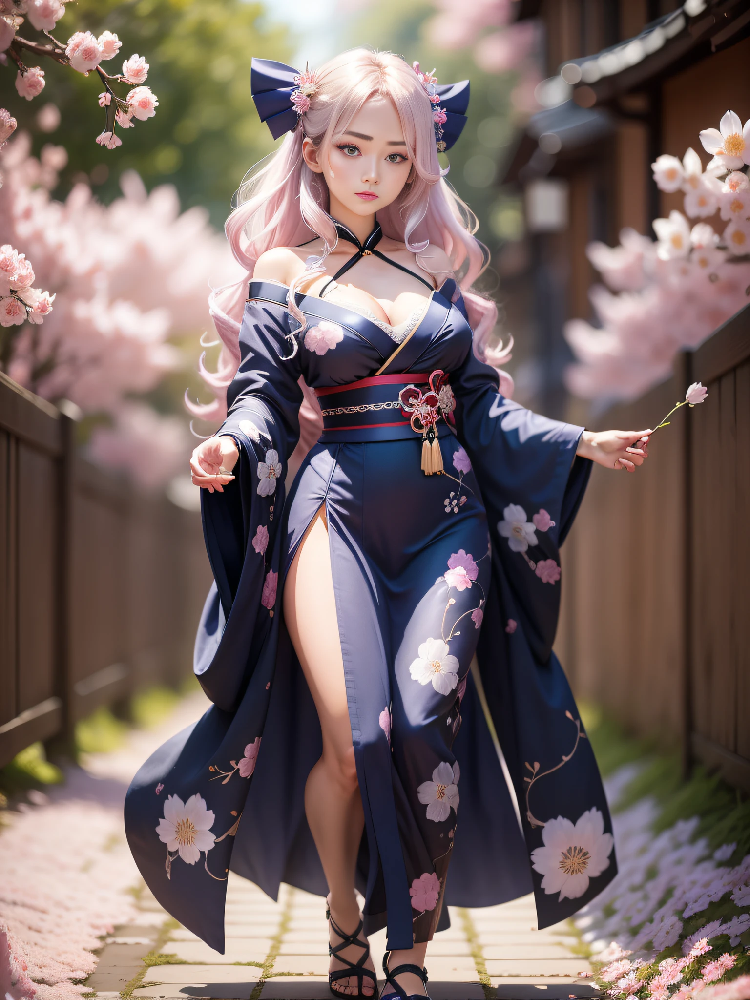 full body,full shot,sfw,russian goddess princess girl in the image of a geisha with big bright blue eyes and long fluffy eyelashes Nordic type with a perfect graceful figure and very long and fluffy wavy hair of bright wheat colour stands in full growth on the alley against the background of blooming Japanese pink sakura in Japanese kimono colour bright navy blue and Japanese shoes gane colour bright navy blue, The girl's lace kimono is intricately patterned with frank cutouts ultra short, Small breasts with protruding are viewable through the fabric and in the girl's ears are beautiful long delicate ear-rings with precious sapphires that shimmer and sparkle in the light The ground on which the girl stands is lavishly strewn with cherry petals, the scene is highly artistic, high resolution, sharp focus, artistic style Migjorni-V5, hyperphotorealism, perfect proportions, golden ratio photo, flare, outline, sunlight, soft glow, soft focus, photography style soft focus through a Monocle lens.