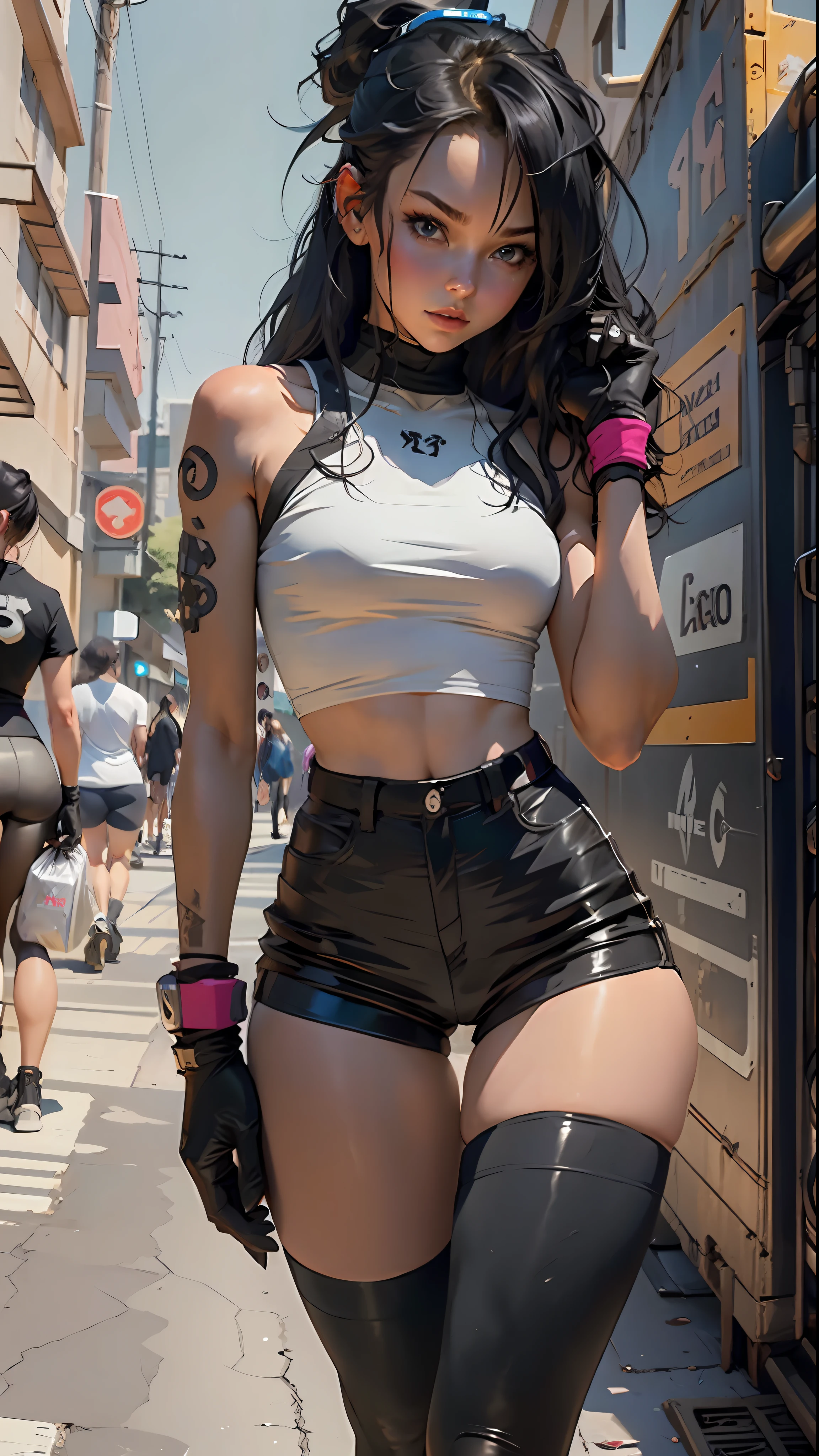 Woman body defined thick thighs cybernetic body parts, short underwear uncensored, thighhighs, black shorts, looking at viewer, bulma, ponytail, wristband, black gloves, collarbone, long hair, black pants, blue eyes, black shirt, shiny clothes, 2girls,