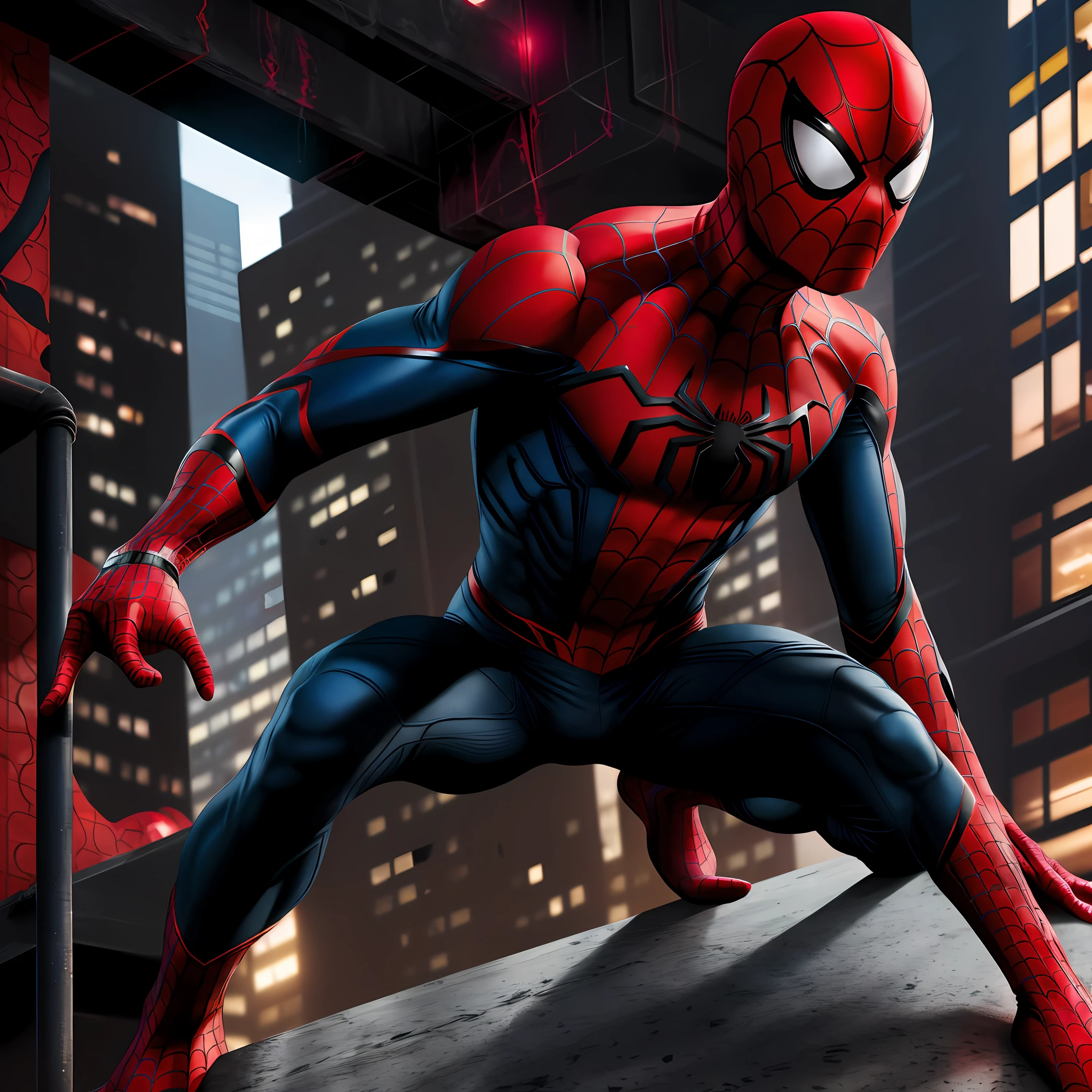 Spider-Man futuristic black and red costume, menacing look