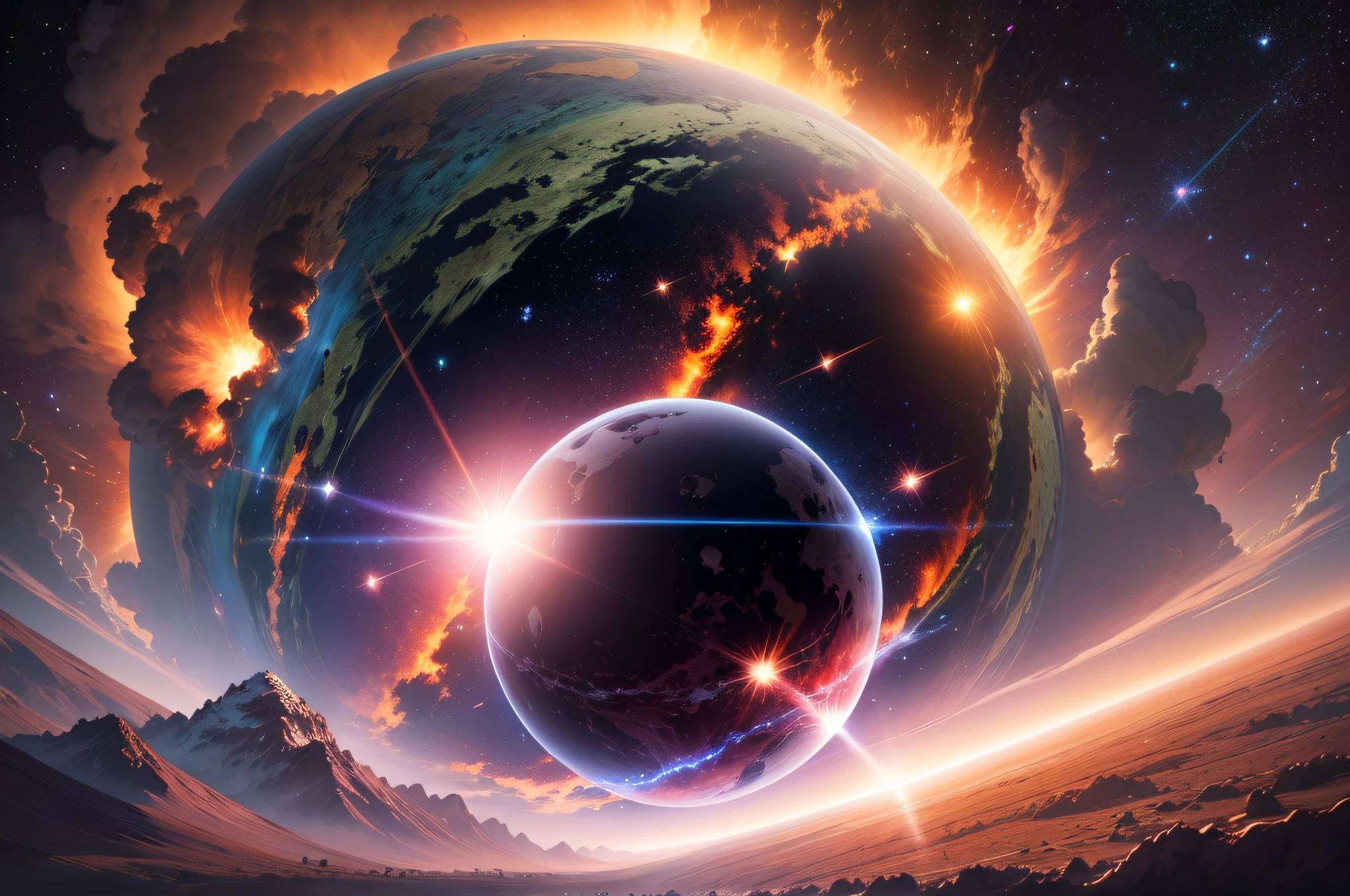 arafed view of a planet with a bright star in the sky, nuclear explosion from space, planet in space over the horizon, cosmic atmosphere light flares, nuclear explosion on the horizon, background in space, lens flare photo real, alien planet in the sky faraway, space atmosphere, heavy lens flare, anomorphic lens flare, looming over earth in space --auto --s2