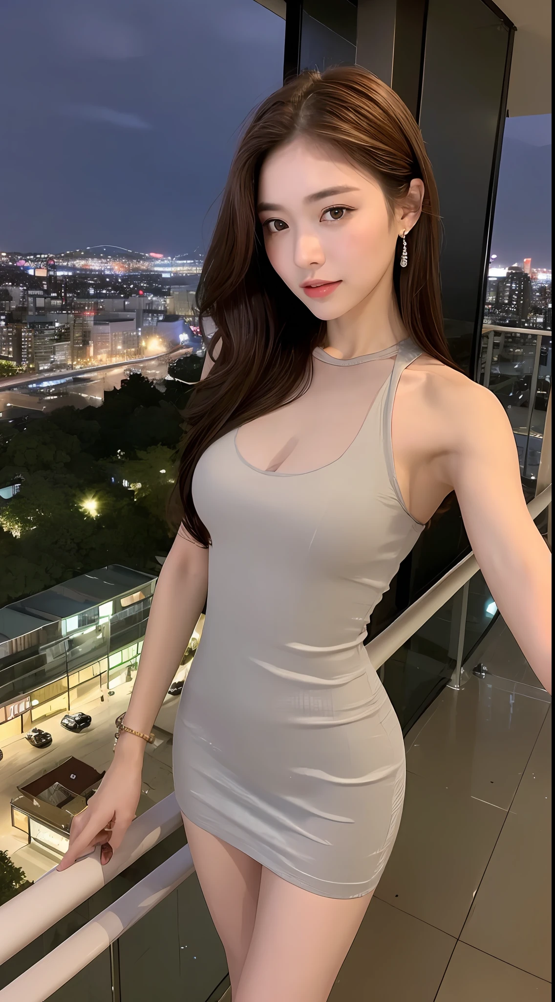 ((Best quality, 8k, Masterpiece: 1.3)), Selfie, Sharp focus: 1.2, Cute beautiful woman with perfect body: 1.4, Slim big breasts: 1.2, ((Brown hair dark, Big breasts: 1.2)) , (small transparent dress, half naked, highly detailed breasts, Happy expression, Standing: 1.2), ((Night view of the city with rain, Balcony simple: 1.3 making with the female being the main focus)), Highly detailed face and skin texture, Detailed eyes, Double eyelid