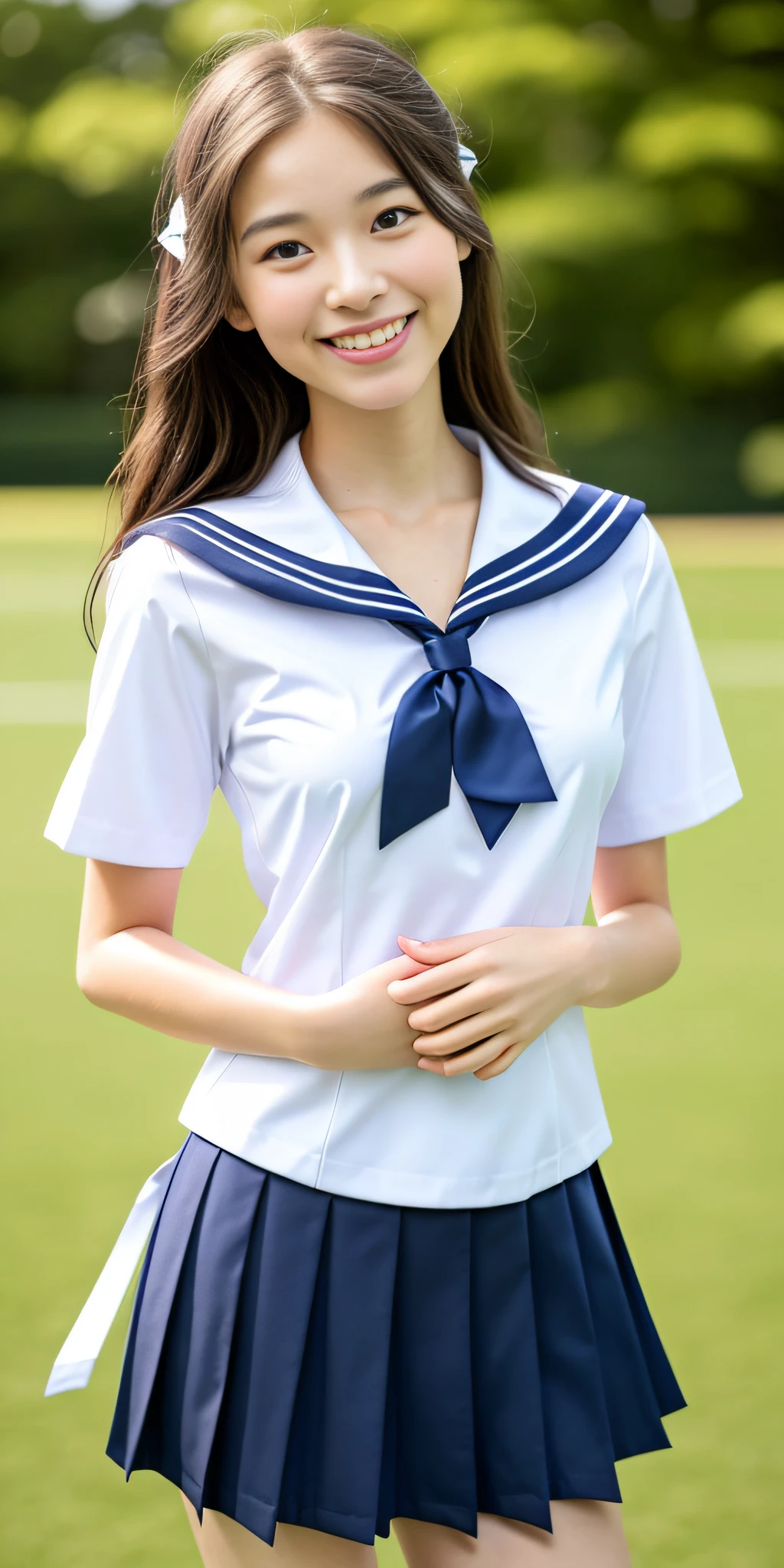 neat college girl, (school uniform, sailor uniform, ribbon tied at chest, summer uniform, upper body white, skirt is navy blue), outside the athletic field, (slim), photorealistic, detail, skin texture, ultra detail, delicate and sexy collarbone, smile, super detailed face, detailed lips, detailed eyes, double eyelids, small breasts, small breasts, small, flat breasts, breast emphasis