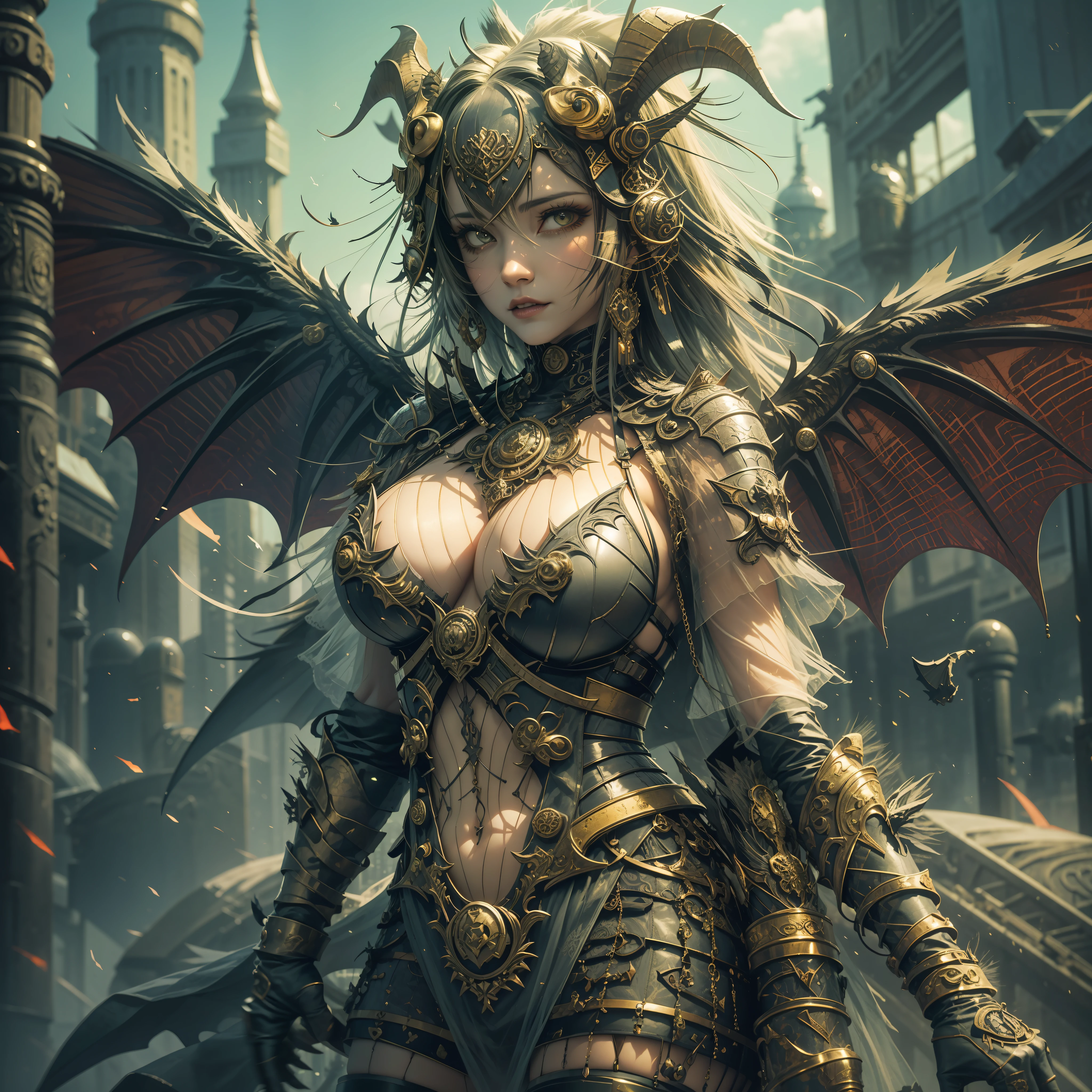 The succubus is in a modern setting, like a big city, with its goat horns and bat wings catching the attention of everyone around it. She is wearing a see-through dress that reveals her large breasts and her tail, --auto --s2