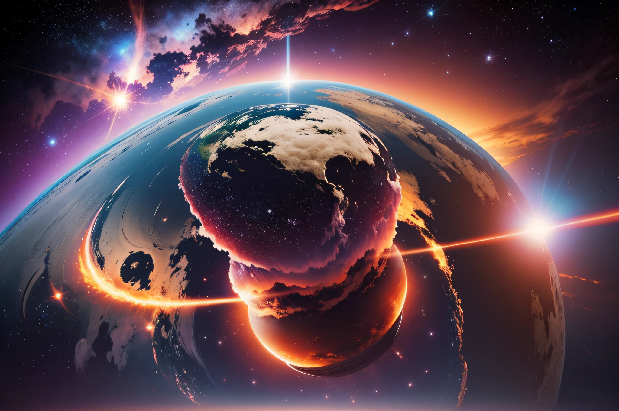 arafed view of a planet with a bright star in the sky, nuclear explosion from space, planet in space over the horizon, cosmic atmosphere light flares, nuclear explosion on the horizon, background in space, lens flare photo real, alien planet in the sky faraway, space atmosphere, heavy lens flare, anomorphic lens flare, looming over earth in space --auto --s2