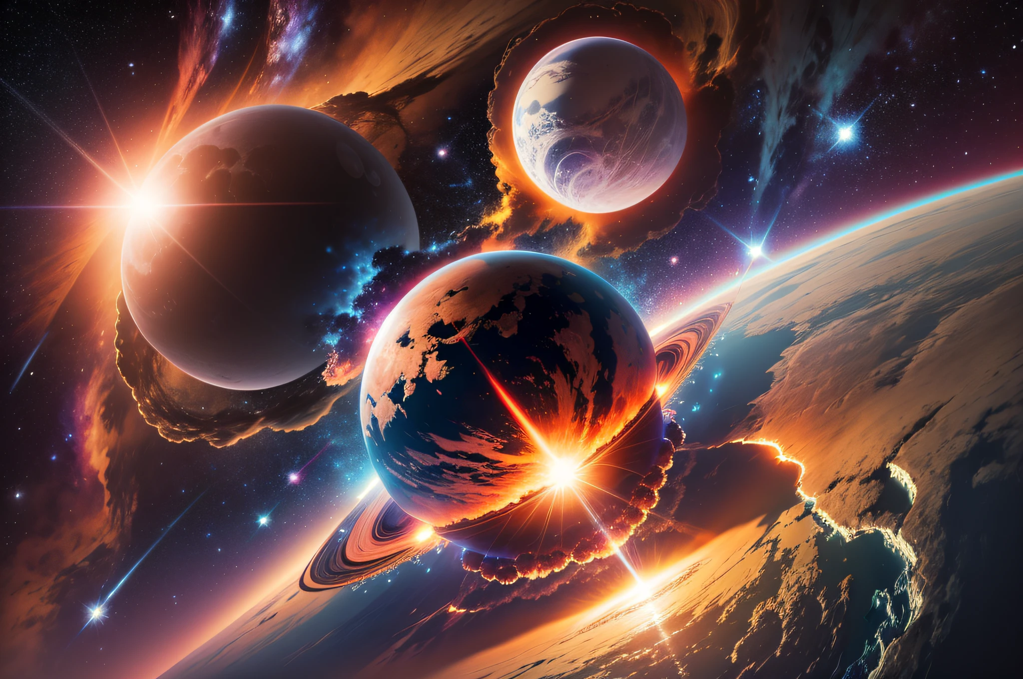 arafed view of a planet with a bright star in the sky, nuclear explosion from space, planet in space over the horizon, cosmic atmosphere light flares, nuclear explosion on the horizon, background in space, lens flare photo real, alien planet in the sky faraway, space atmosphere, heavy lens flare, anomorphic lens flare, looming over earth in space --auto --s2