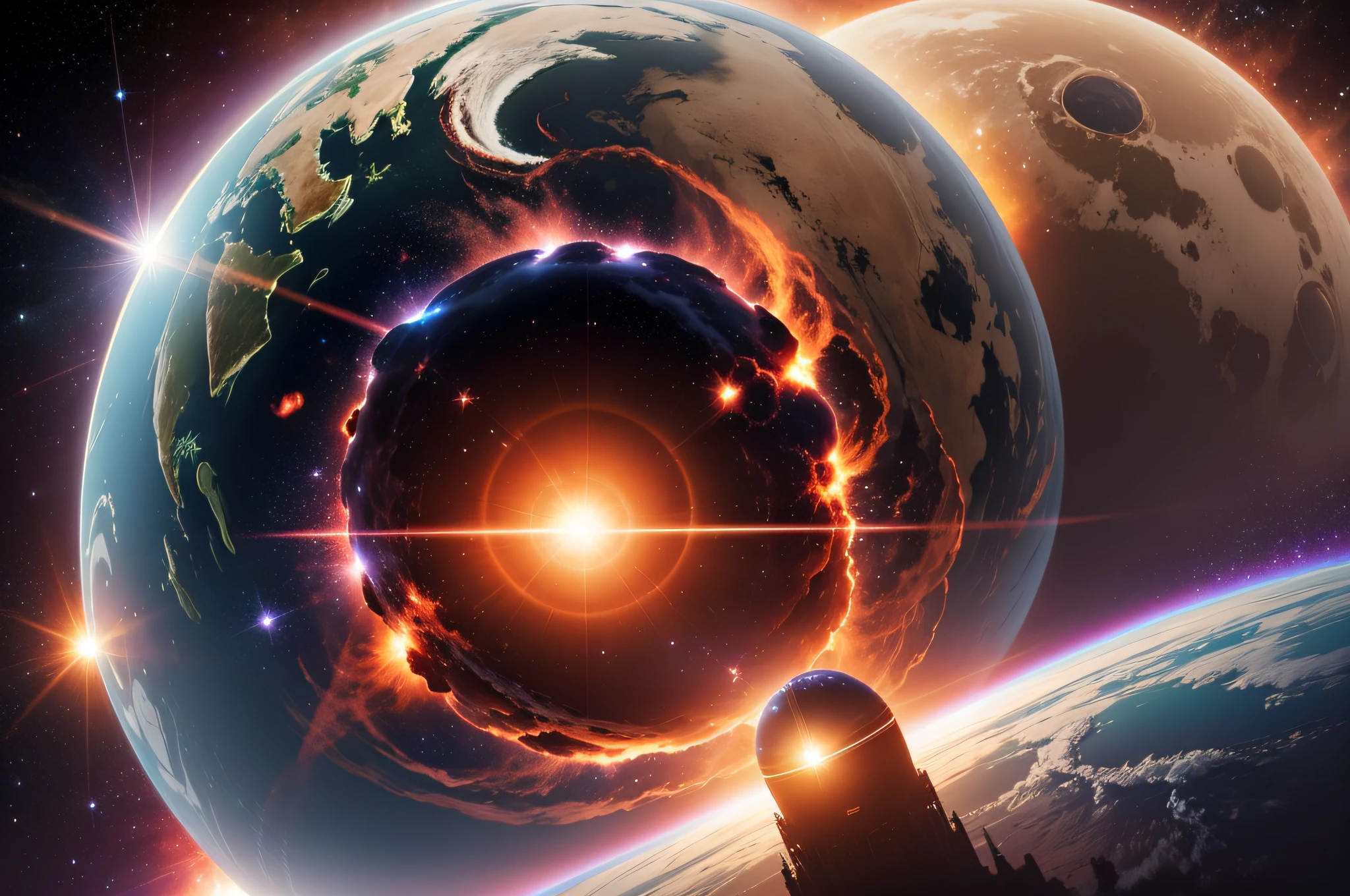 arafed view of a planet with a bright star in the sky, nuclear explosion from space, planet in space over the horizon, cosmic atmosphere light flares, nuclear explosion on the horizon, background in space, lens flare photo real, alien planet in the sky faraway, space atmosphere, heavy lens flare, anomorphic lens flare, looming over earth in space --auto --s2