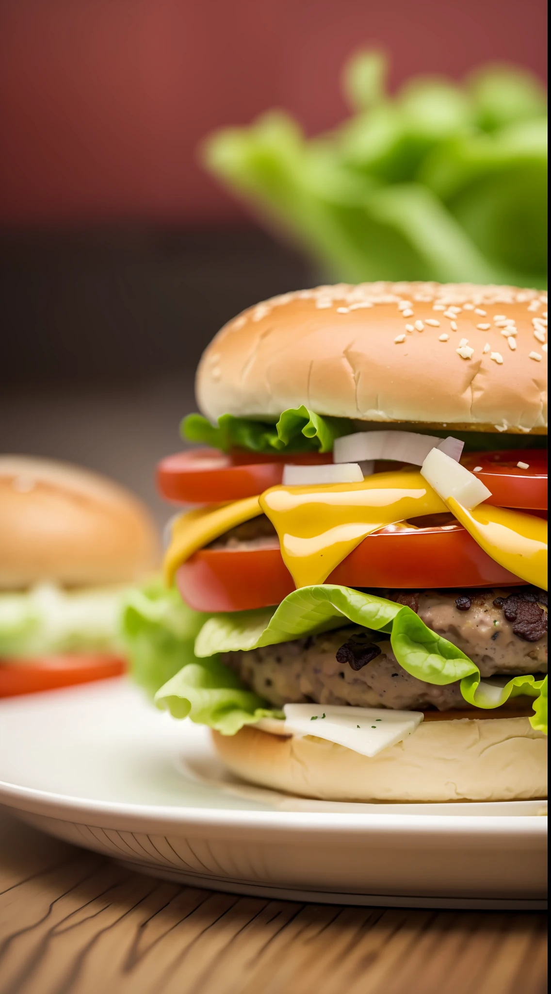 masterpiece, best quality,burger photo, food, food focus, no humans, realistic, still life, plate, burger, blurry, blurry background, tomato, depth of field, lettuce, onion, cheese