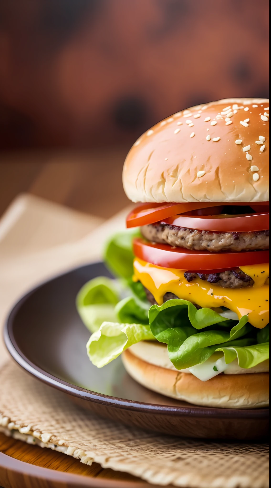 masterpiece, best quality,burger photo, food, food focus, no humans, realistic, still life, plate, burger, blurry, blurry background, tomato, depth of field, lettuce, onion, cheese