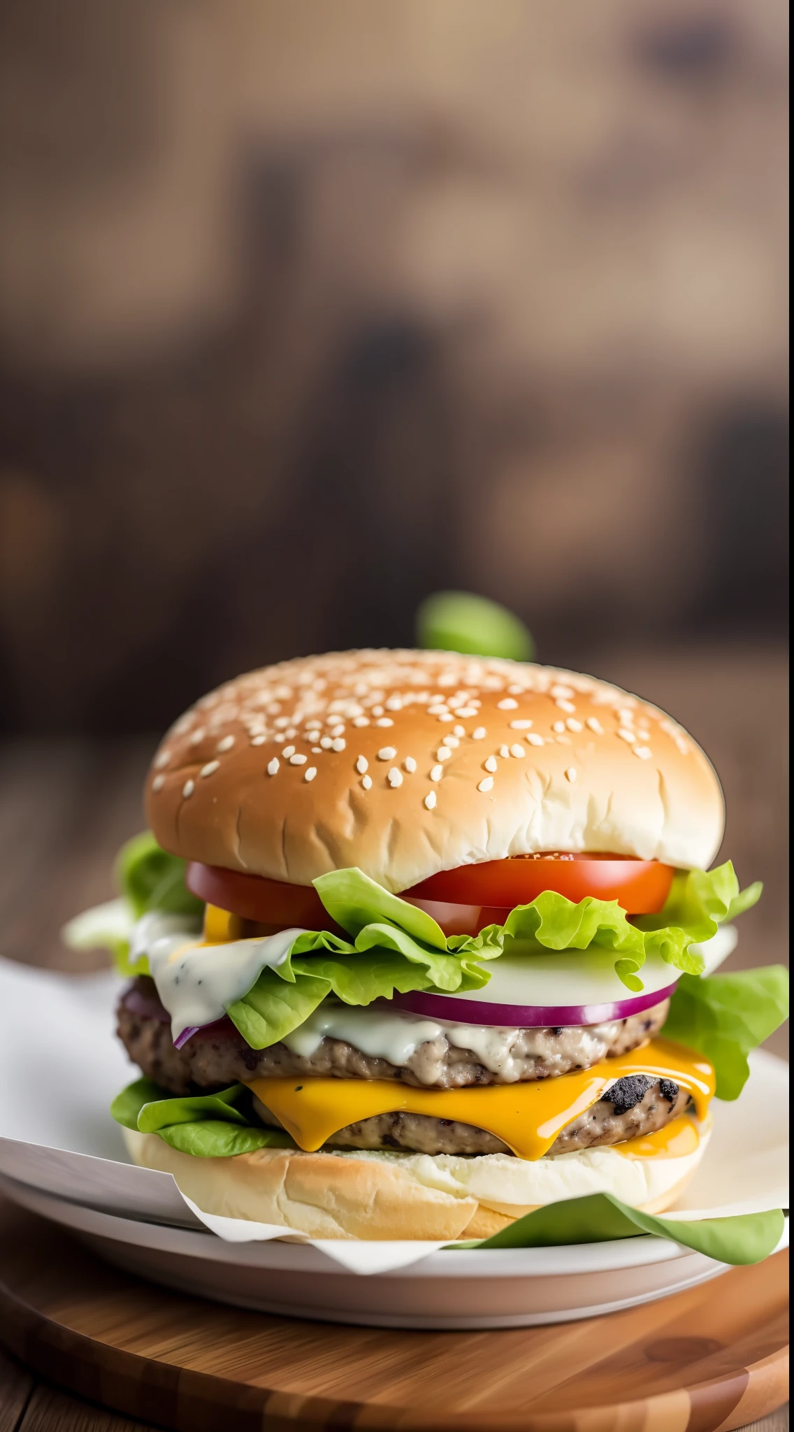 masterpiece, best quality,burger photo, food, food focus, no humans, realistic, still life, plate, burger, blurry, blurry background, tomato, depth of field, lettuce, onion, cheese