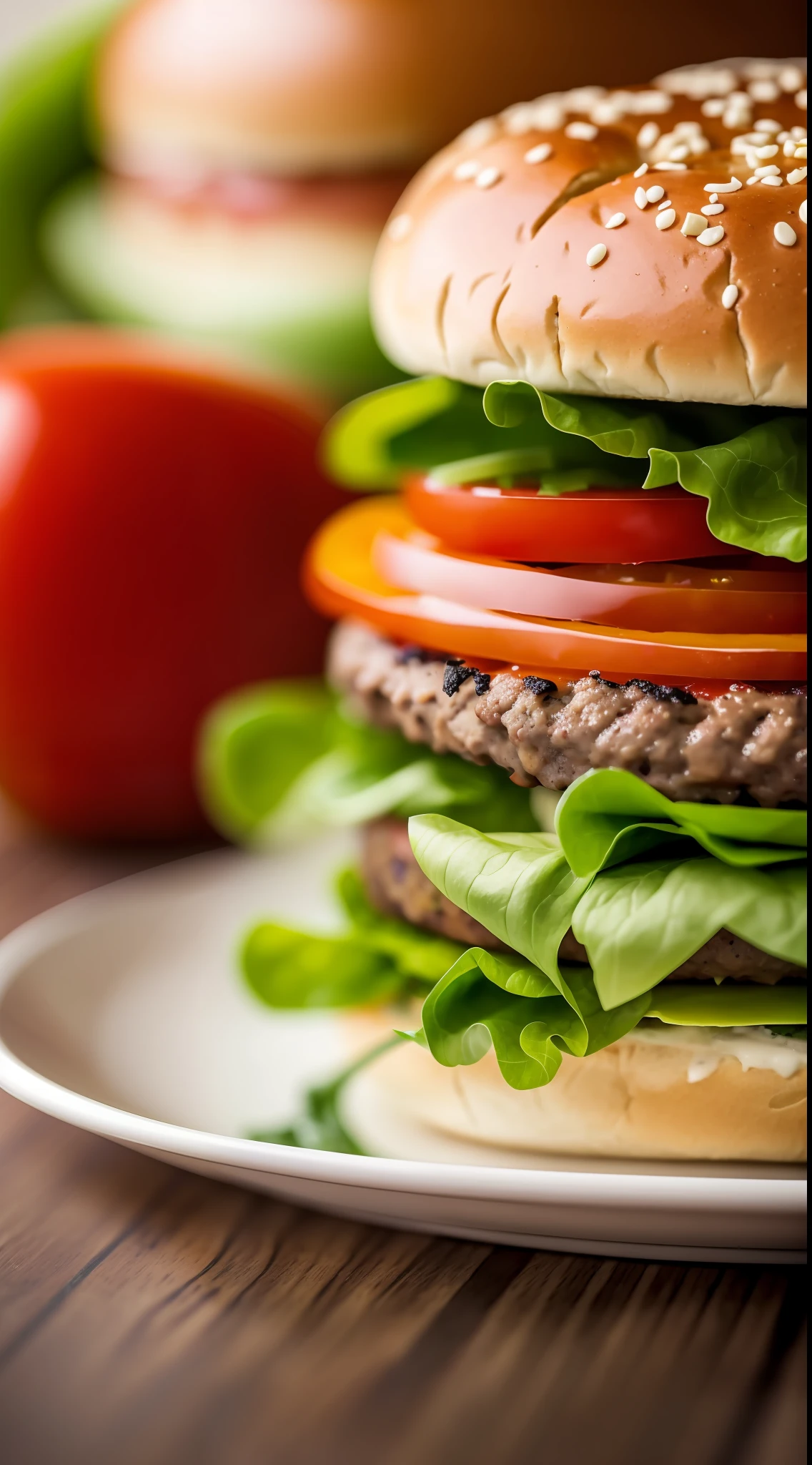 masterpiece, best quality,burger photo, food, food focus, no humans, realistic, still life, plate, burger, blurry, blurry background, tomato, depth of field, lettuce, onion, cheese